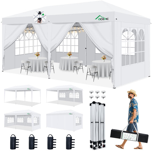 Acepic 10x20 Pop Up Canopy Tent with 6 Removable Sidewalls, One-Push Center Lock Design, Commercial Grade Waterproof Party Gazebo, UV Protection Outdoor Event Shelter with Church Windows, White