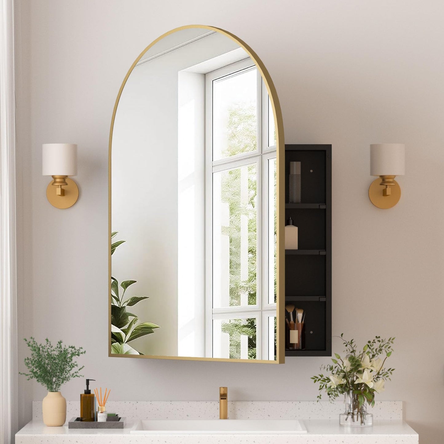 YTSMIR Medicine Cabinets for Bathroom, Gold Arched Medicine Cabinet Recessed or Surface Wall-Mounted,Modern Bathroom Vanity Mirror with Storage, Mirrored Cabinet with Adjustable Shelves,24x36 Inch