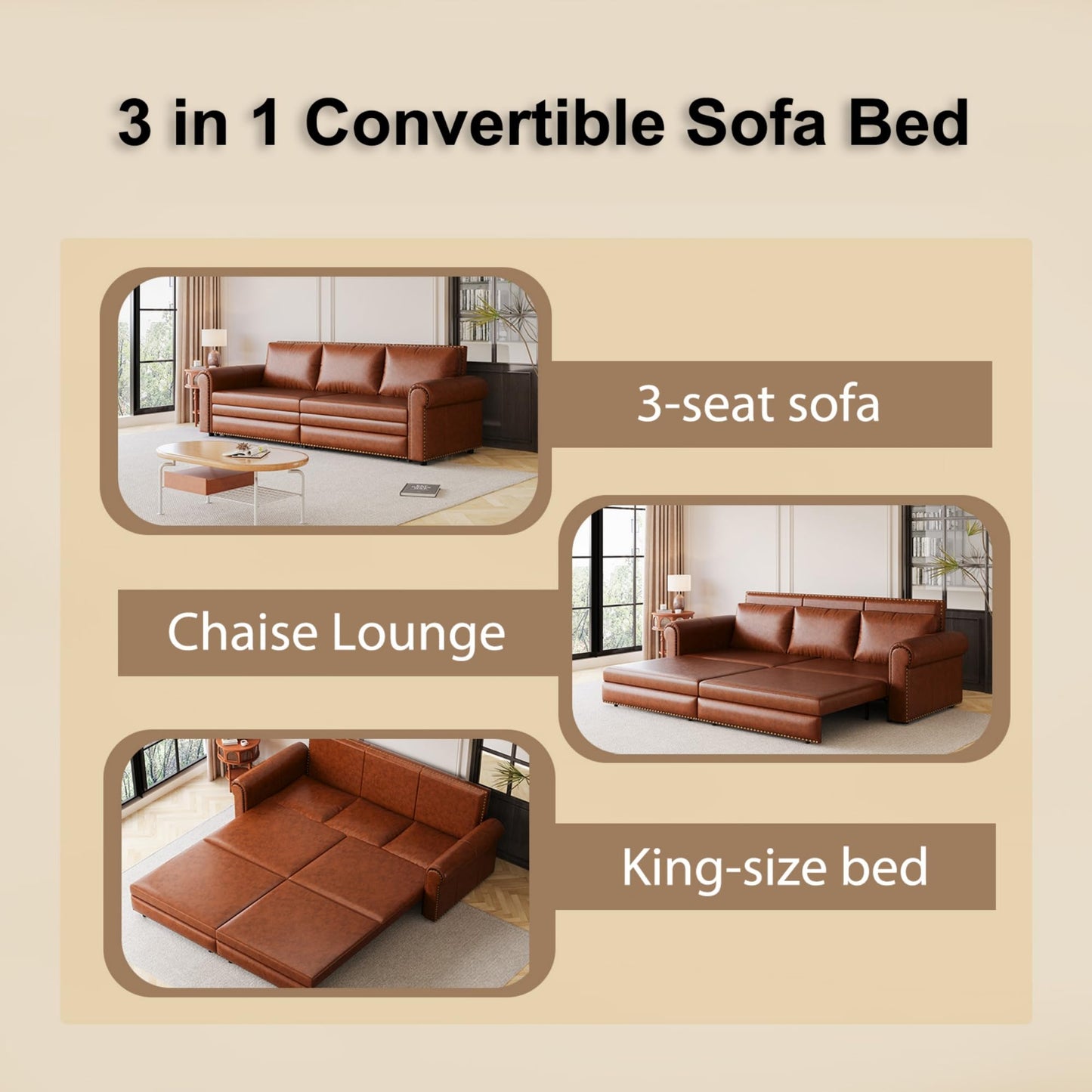 Ball & Cast 3-in-1 Convertible Sofa Bed,93.7" Faux Leather King Pull Out Couch Bed, Loveseat Sleeper Sofa with Nailhead Trim & Rolled Arm,Multi-Functional Sofa Couches for Living Room,Brown