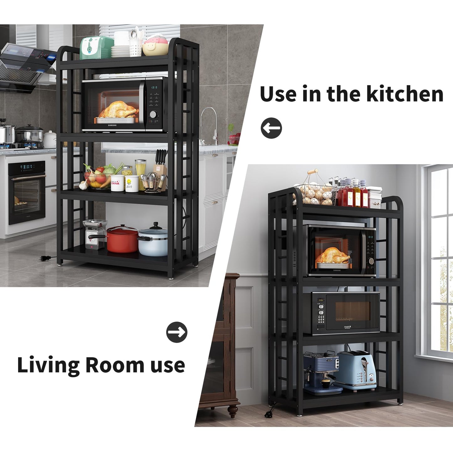 Bakers Rack with Power Outlet ，Microwave Stand 4-Tier Kitchen Baker's Rack, Free Standing Baker's Rack Kitchen Stands with Storage Suitable for Kitchen, Living Room, Dinning Room，Coffee Bar (Black)