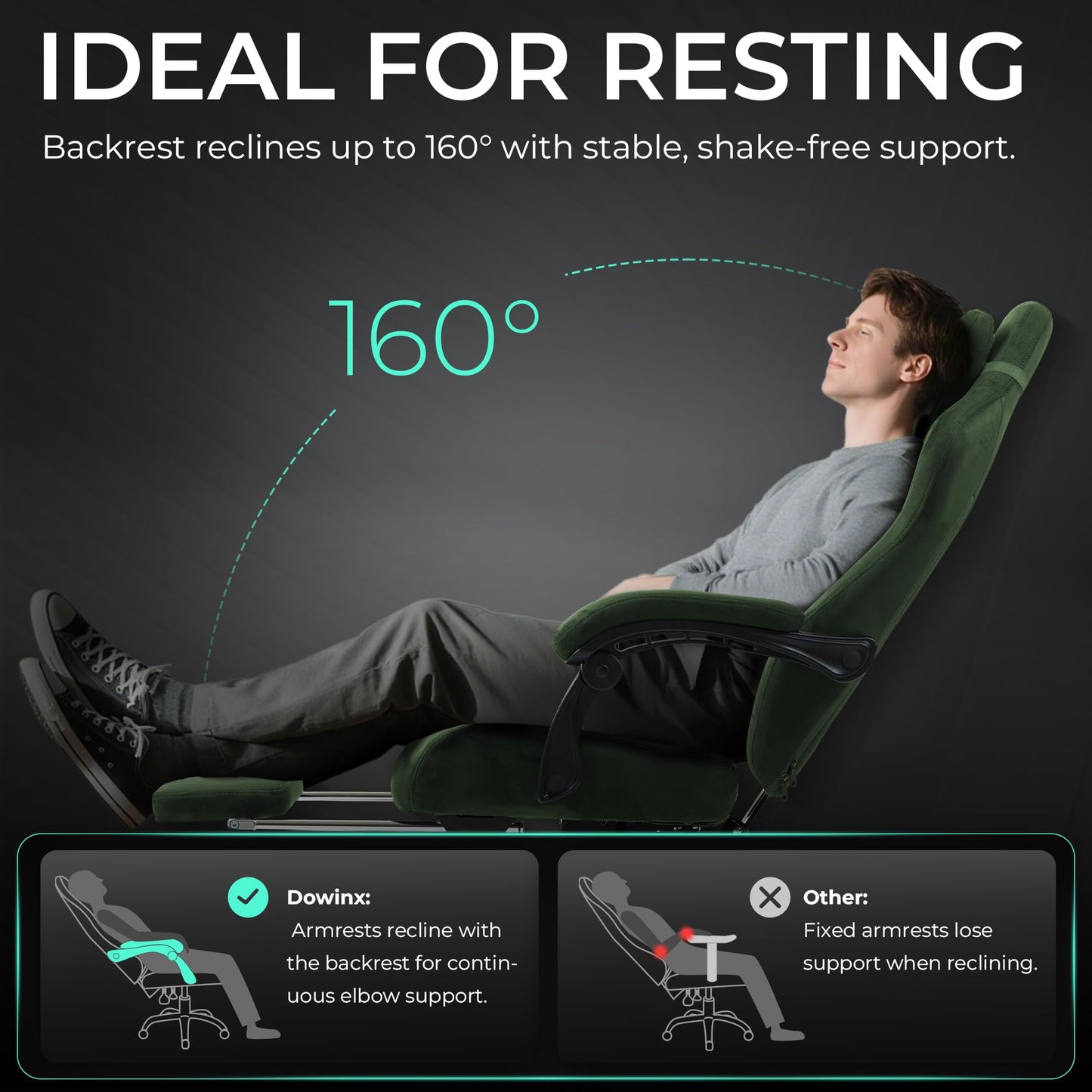Dowinx Big and Tall Gaming Chair, Suede Fabric Game Chair with Pocket Spring Cushion, High Back Gamer Chair Ergonomic with Footrest for Adults Office, 440LBS, Green