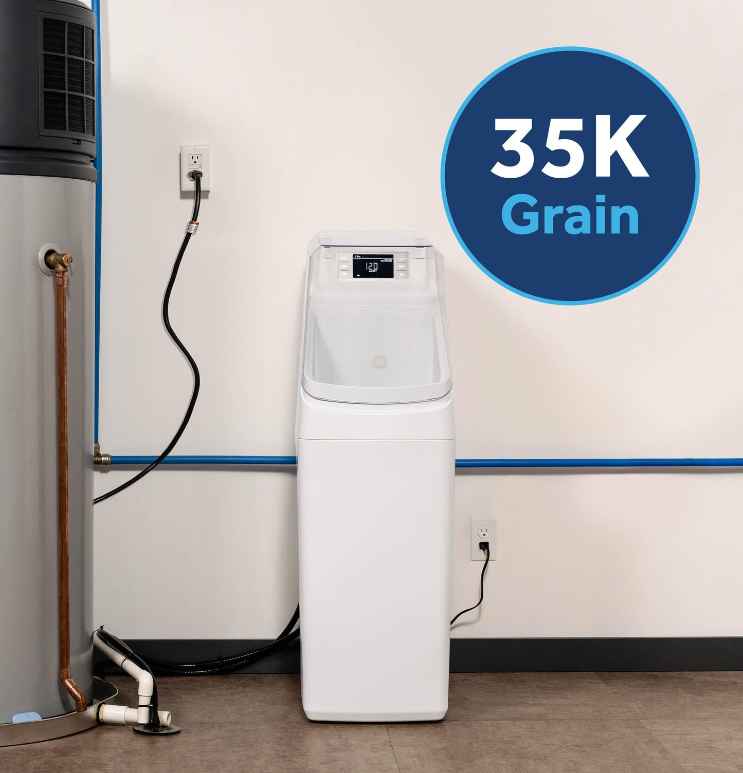 GE Smart Water Softener, 35,000 Grain, Reduce Hard Minerals to Whole House, Built-in WiFi with Water Flow Alerts, Soft Water for Shower, Appliances, and Plumbing, GXSH35W