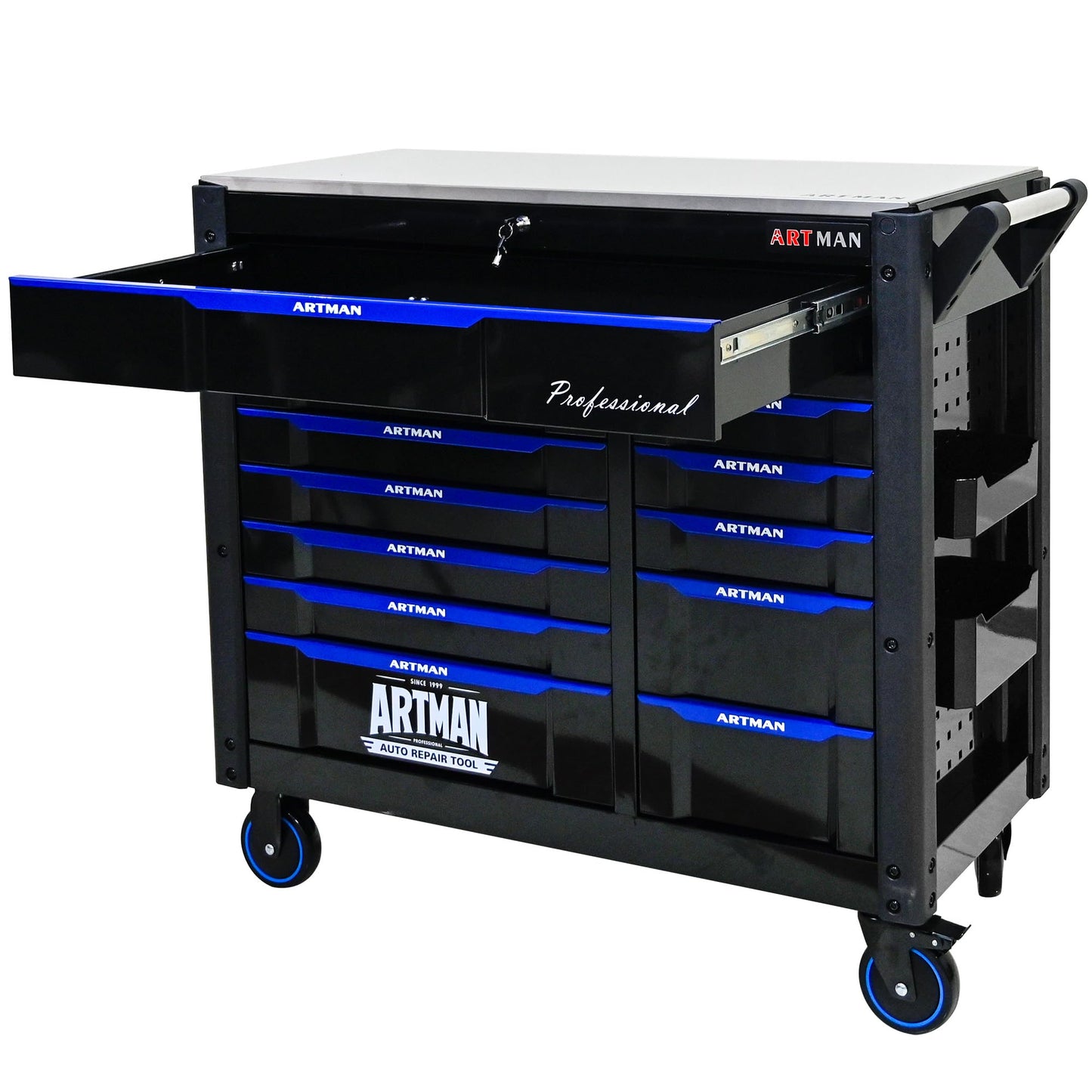 KEIKI 12 Drawer Rolling Tool Cart with Wooden Top, Metal Tool Cabinet with Wheels and Handle, Heavy Duty Storage Organizer for Garage Workshop (Black&Blue)