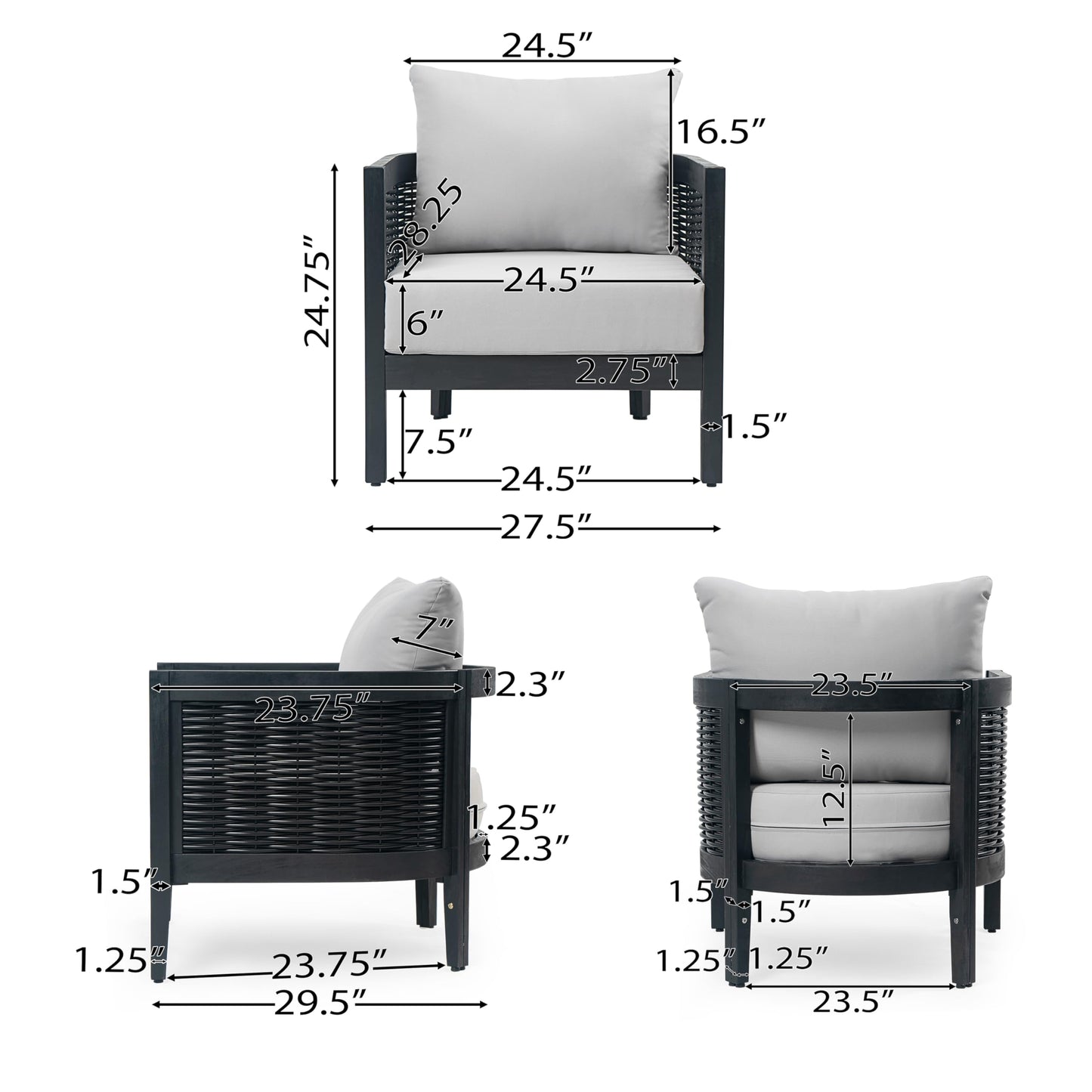 Christopher Knight Home Peron Patio 4-Seater Conversation Set, Sofa/Loveseat, 2 Club Chairs, Coffee Table, Cushion+Back Pillows, Acacia Wood+Wicker, Garden, Backyard, Poolside, Black + Light Grey