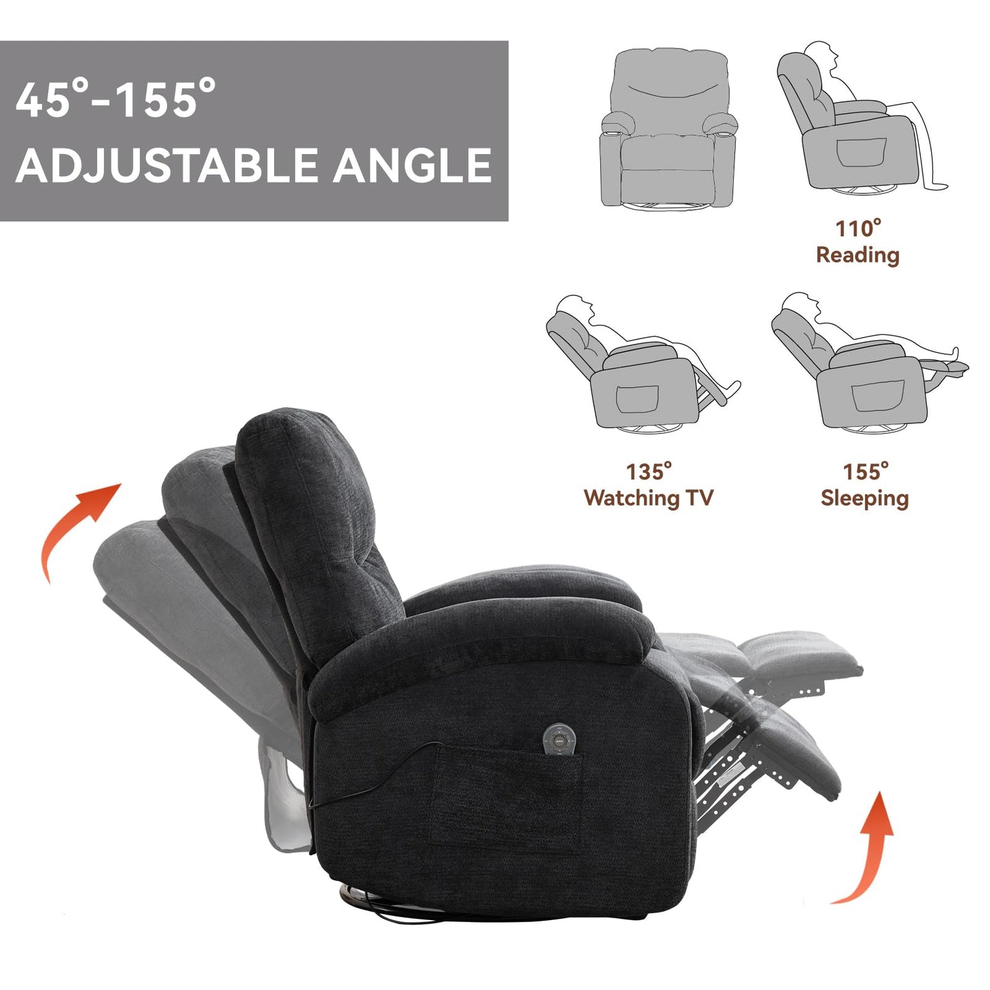 Eafurn 360° Swivel Rocker Recliner Chair for Elderly, Nursery Glider Recliner with Massage and Heating, Comfy Overstuffed Manual Lounge Armchair for Living Room