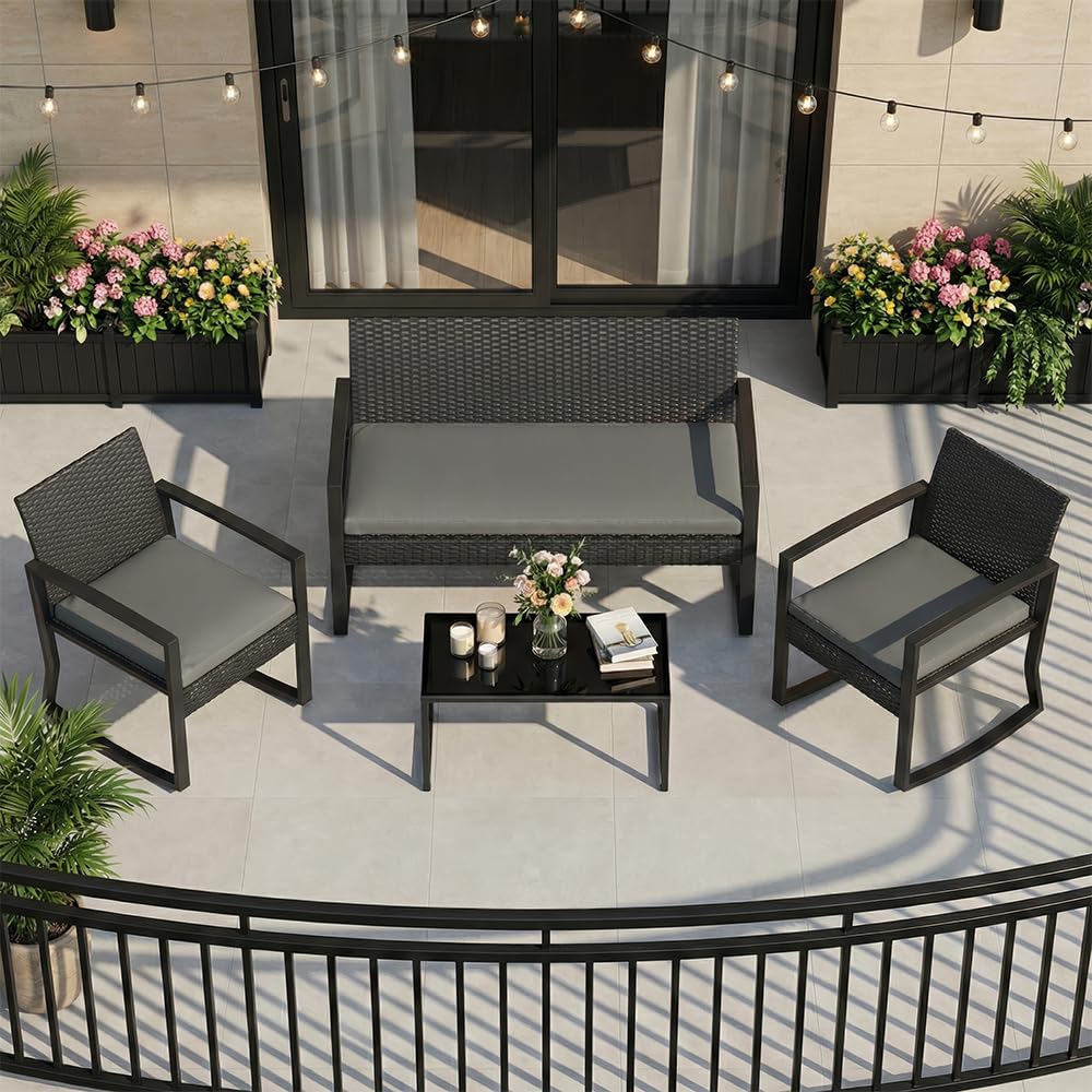 Garvee 4 Piece Patio Furniture Set, PE Rattan Outdoor Rocking Chair Conversation Set with Coffee Table, Outdoor Wicker Patio Table and Chairs Set for Patio, Porch, Backyard, Grey
