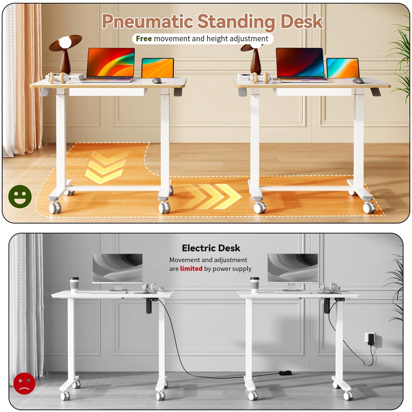 Liftsync Mobile Standing Desk, 35inch Small Rolling Table with Drawer, Height Adjustable Sit Stand Workstation, White Portable Laptop Cart with Hidden Wheels or Lockable Casters