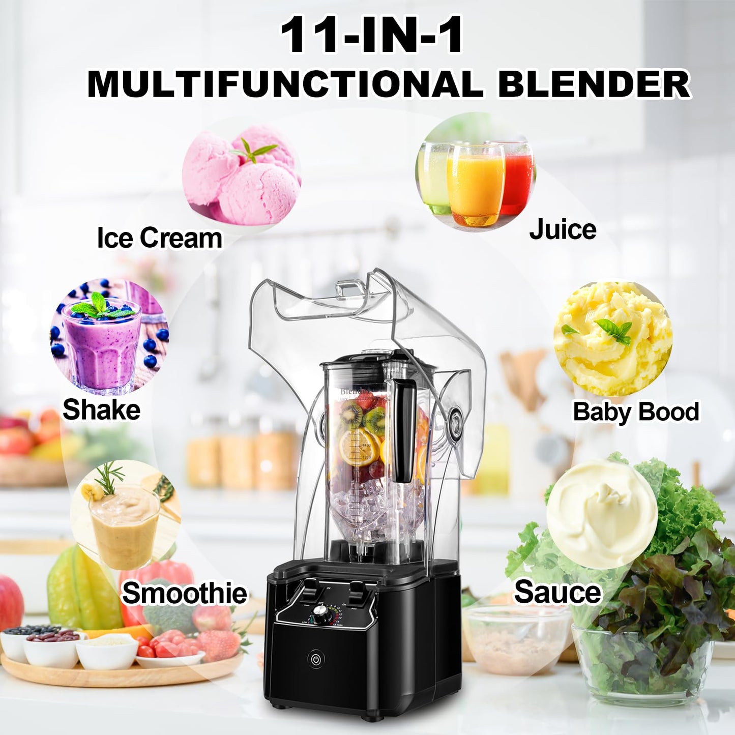 Commercial Blender for Smoothies 2200W, 80 Oz, 15 Speeds, 6-leaf Stainless Steel Blade, Heavy-Duty Commercial Blender for Smoothies, Ice Crush, Shakes, Self-Cleaning, Black