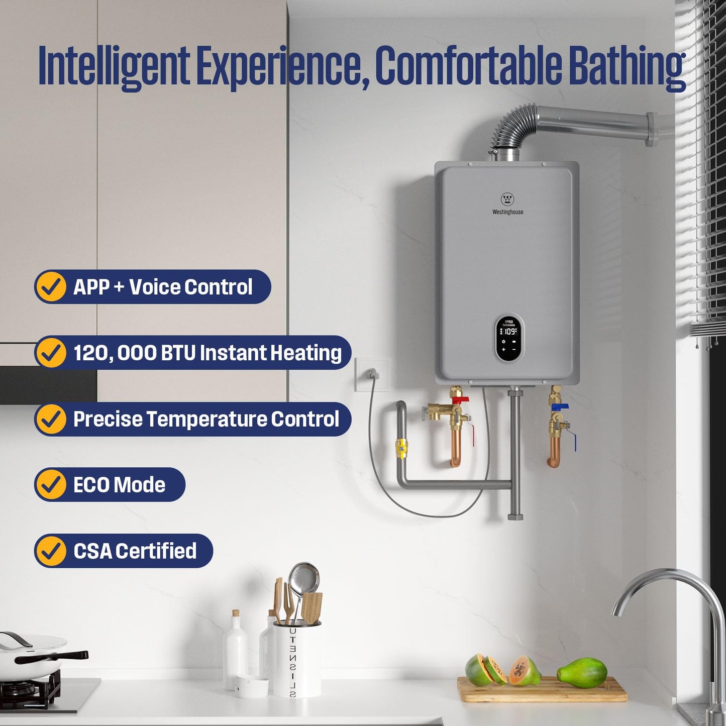 Westinghouse Tankless Water Heater Gas, 5.1 GPM 120,000 BTU Indoor Natural Gas Heater Whole House, Smart WiFi&App Control, CSA Certified, ±1°F Temperature Stability, Non-Condensing for 2-4 Fixtures