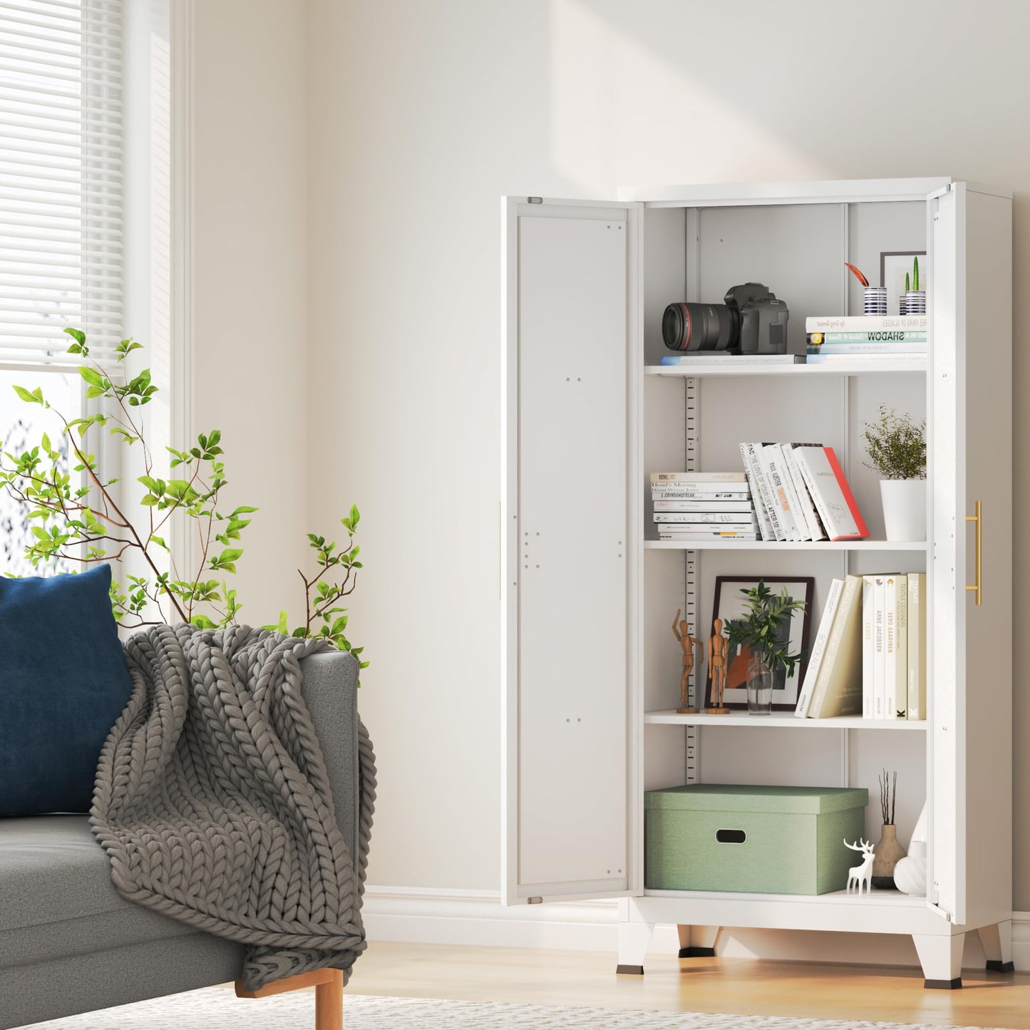 Elitehouse 61" Tall Metal Storage Cabinet with Barn Doors and 3 Adjustable Shelves,4-Tier Large Kitchen Pantry Cabinet for Kitchen, Bathroom, Dining Room, Utility Room - White