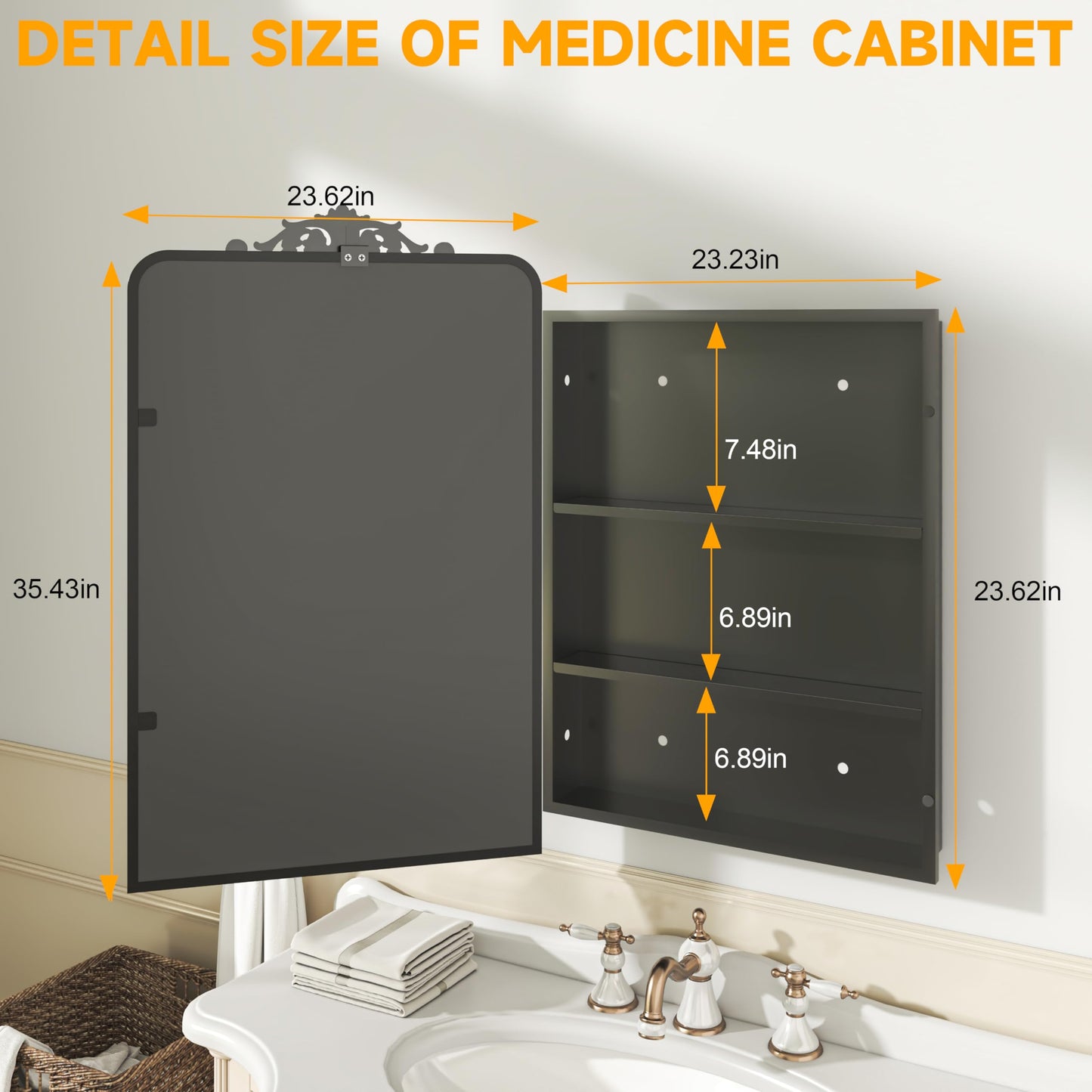 Batuso 35"x24" Bathroom Medicine Cabinet with Vintage Arched Mirror - All-Metal Black Medicine Cabinets with Hand-Painted Aluminum Door Frame, 2 Stable & Removable Shelves, Black