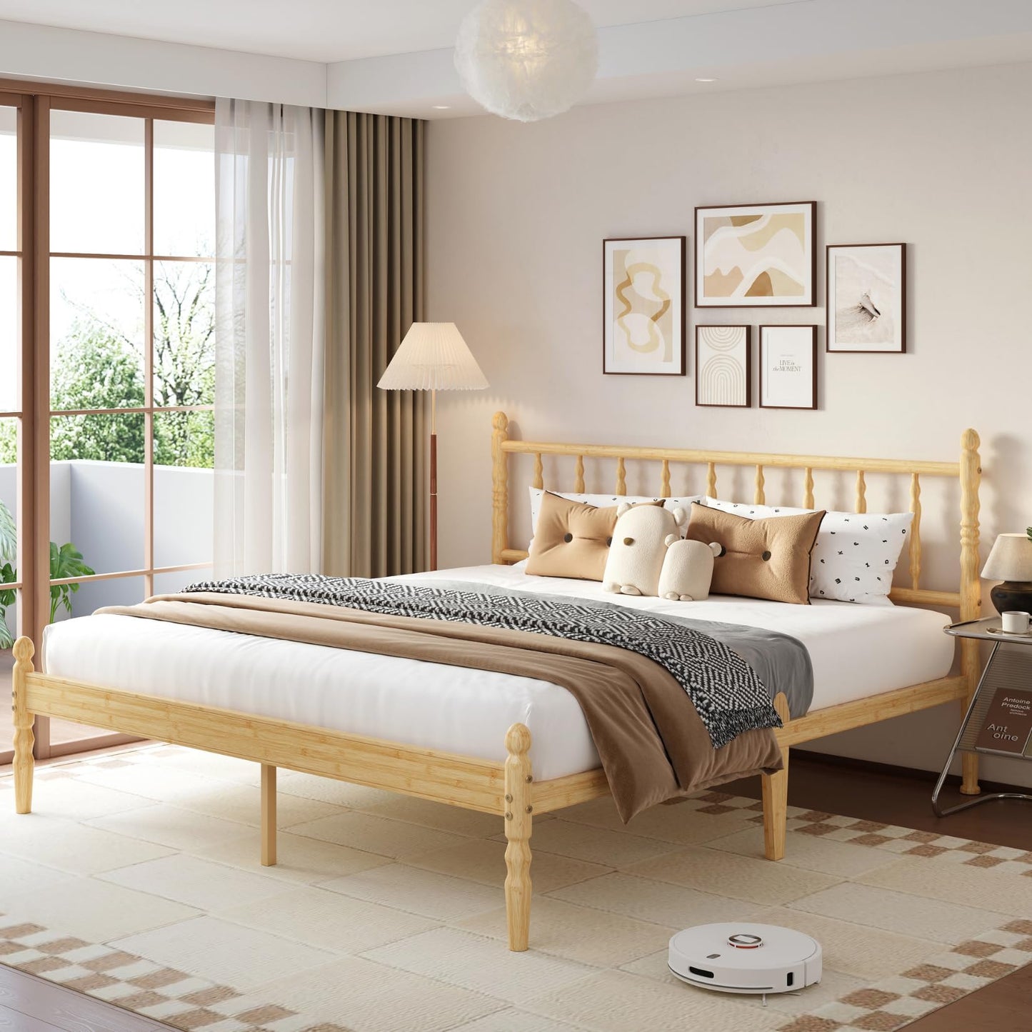 Hunlostten 14 Inch King Size Bed Frame Bamboo with Headboard and Footboard, Wood Platform Bed with Roman Column Design, Heavy Duty Metal Slats Support, No Box Spring Needed, Easy Assembly, Noise Free