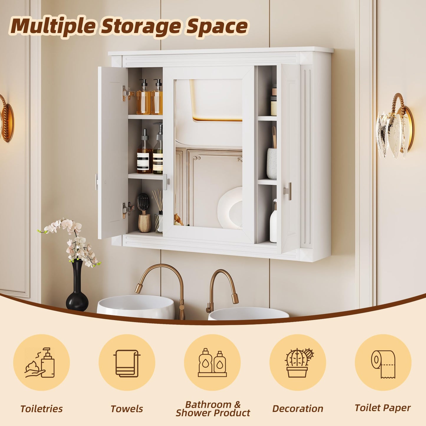 Merax Wall Mounted Bathroom Medicine Cabinet with Mirror, Bathroom Wall Cabinet with Doors and Shelves, 35" x 29" Mirrored Door Over Toilet Storage Cabinet, White