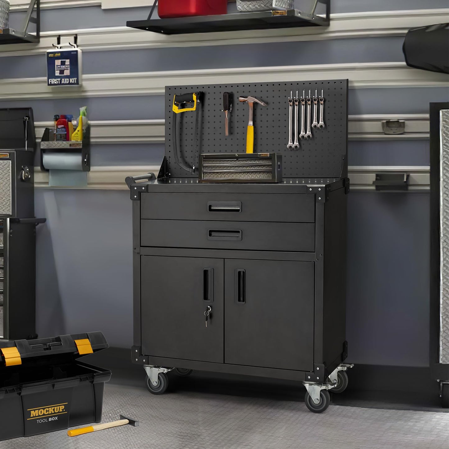 JFHID 52'' Work Bench for Garage with Pegboard Drawers and Cabinets Heavy Duty Metal Frame Tool Bench for Shop Kitchen Cabinets Organizer Work Table with Wheels (Black)