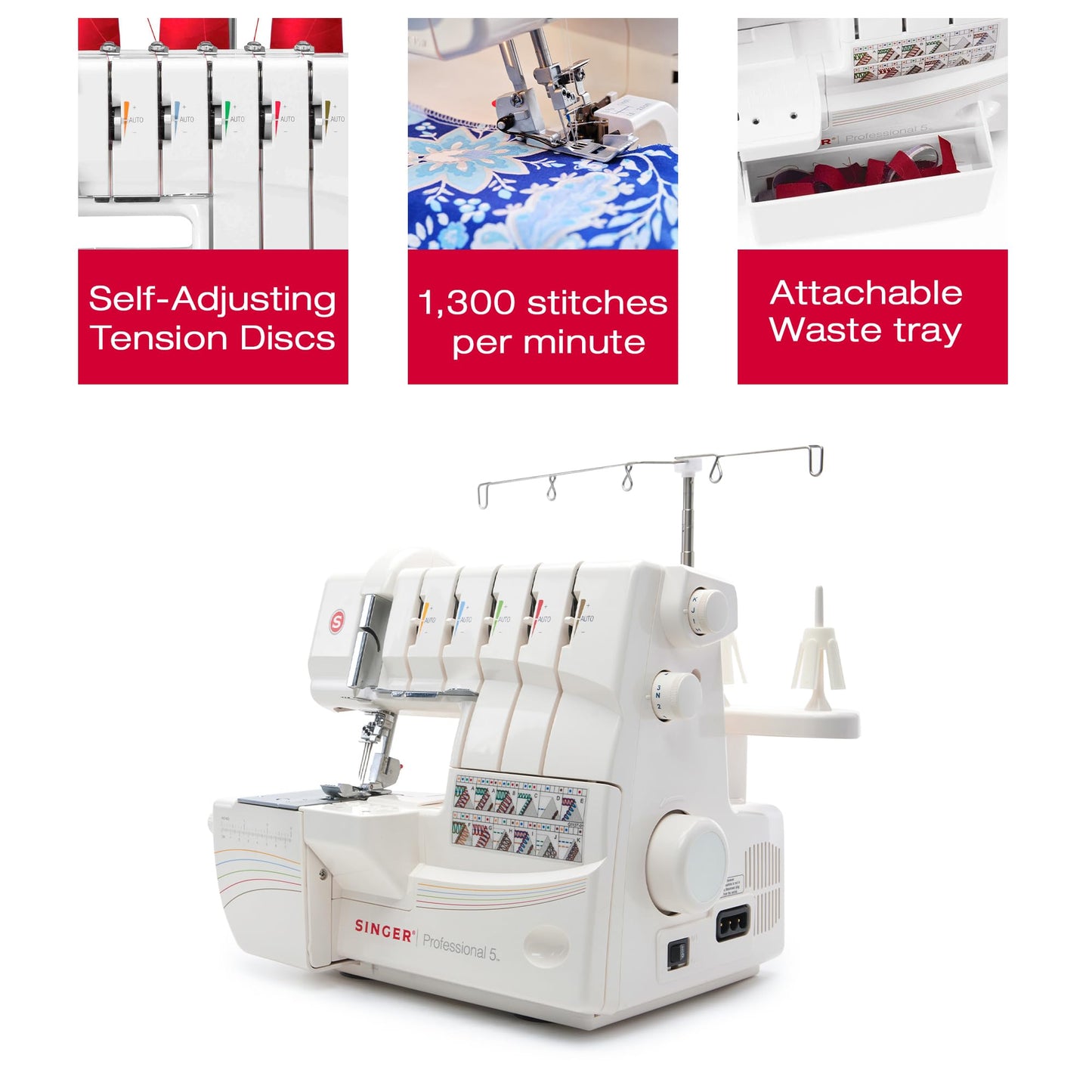 SINGER® Professional 5 14T968DC Heavy-Duty Metal Frame Serger Overlock and Accessory Kit with 2-3-4-5 Stitch Capability, Removeable Trim Trap, 1300 Stitches per minute, & Self Adjusting, White