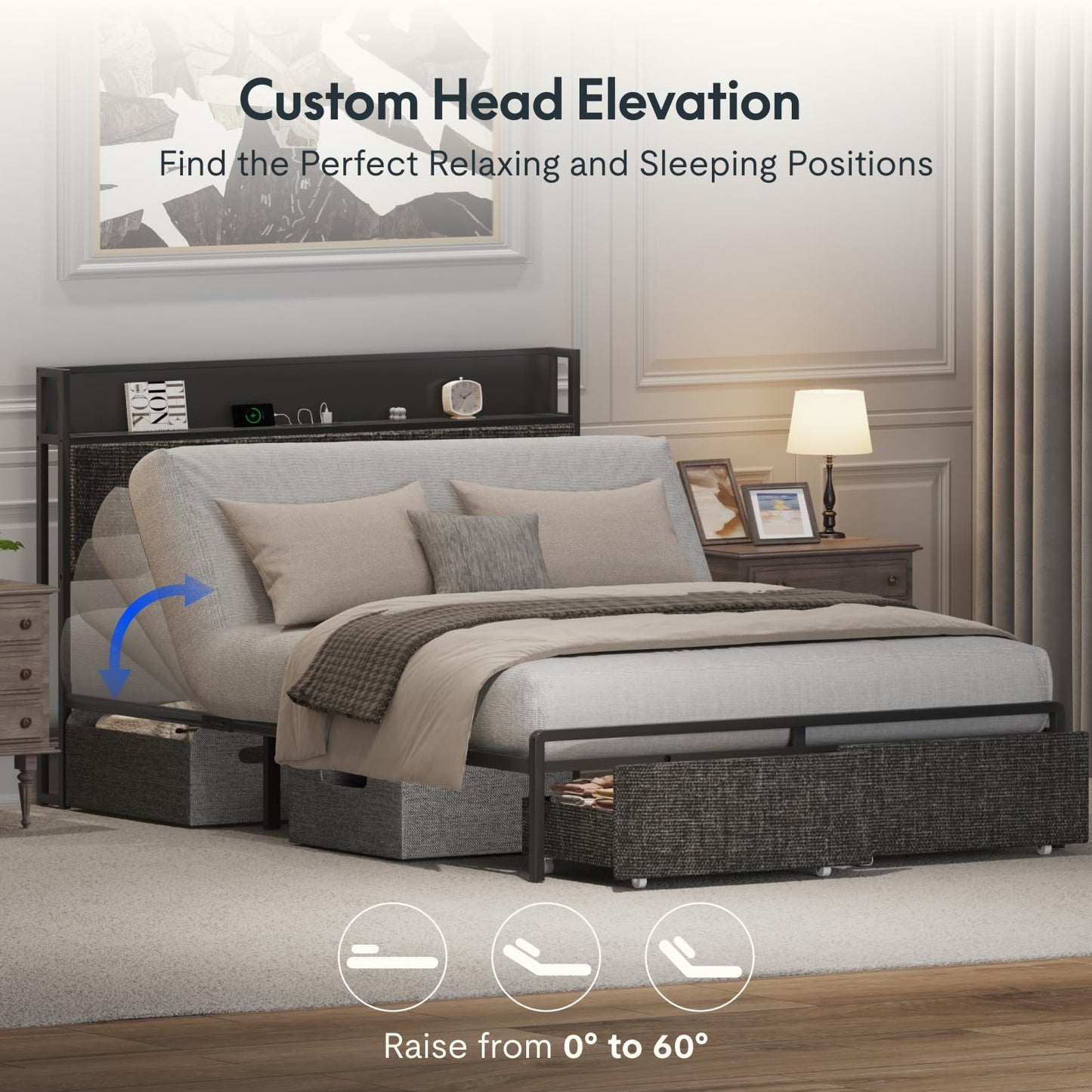 FLEXISPOT Queen Adjustable Bed with Storage Headboard, Charging Station, Head Incline, LED Lighting, Storage Drawers, Quiet Powerful DC Motor, and Easy Assembly
