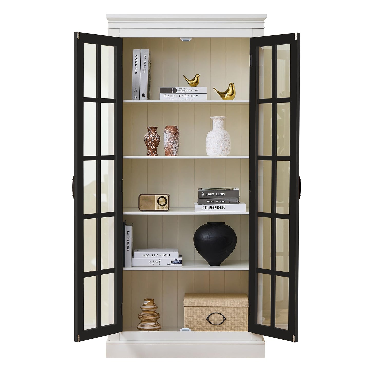 Merax 71.2" Tall Display Cabinet with Glass Doors,Rustic Style China Cabinet,Curio Cabinet for Collectibles Figures Trophies for Hallways Living Room, Kitchen, Home, Studio or Workspace,White & Black