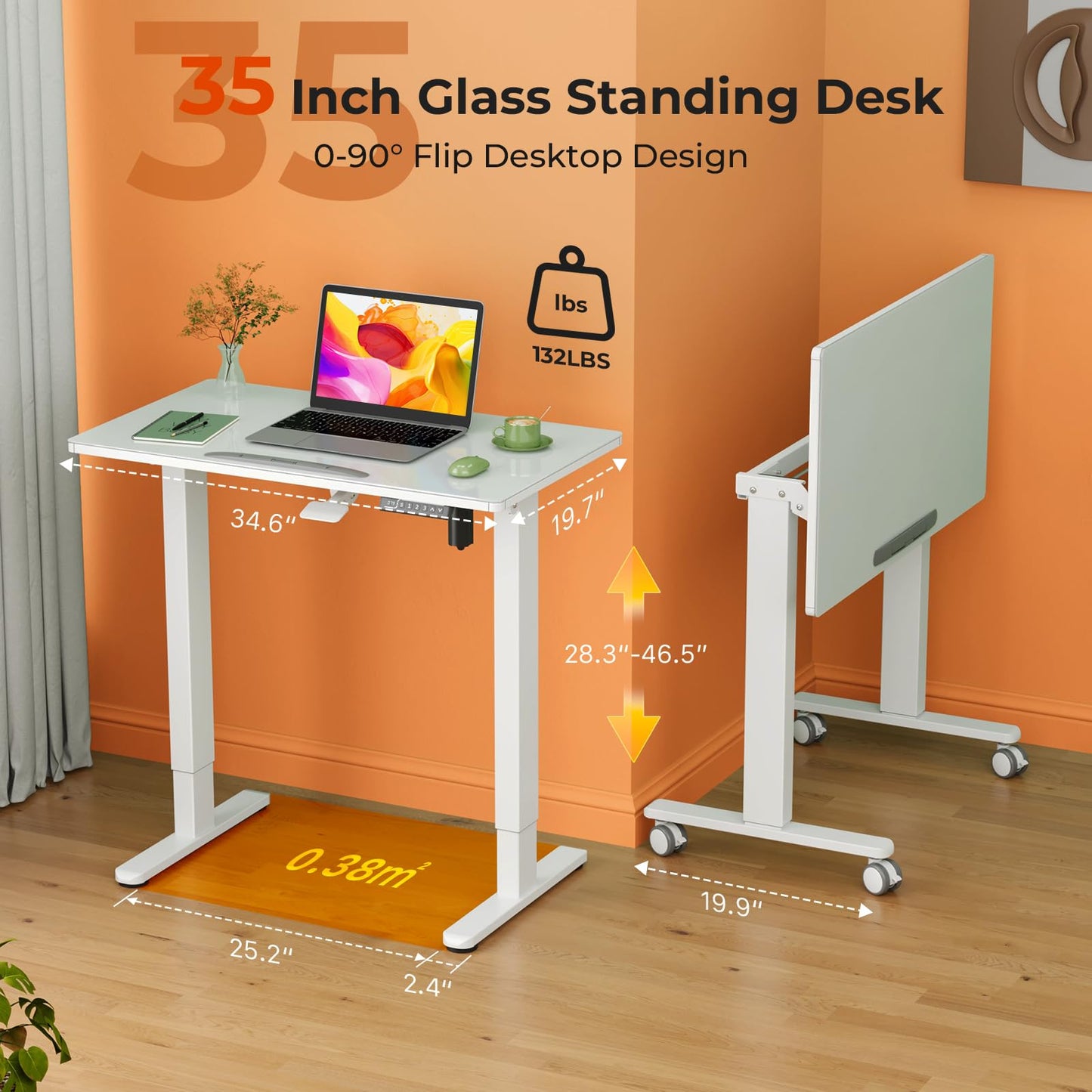 Liftsync 35inch Glass Standing Desk，90° Tiltable Mobile Rising Desk Height Adjustable，Whole Piece Rolling Drafting/DrawingTable with Wheels，Foldable Small Laptop Art Desk，White