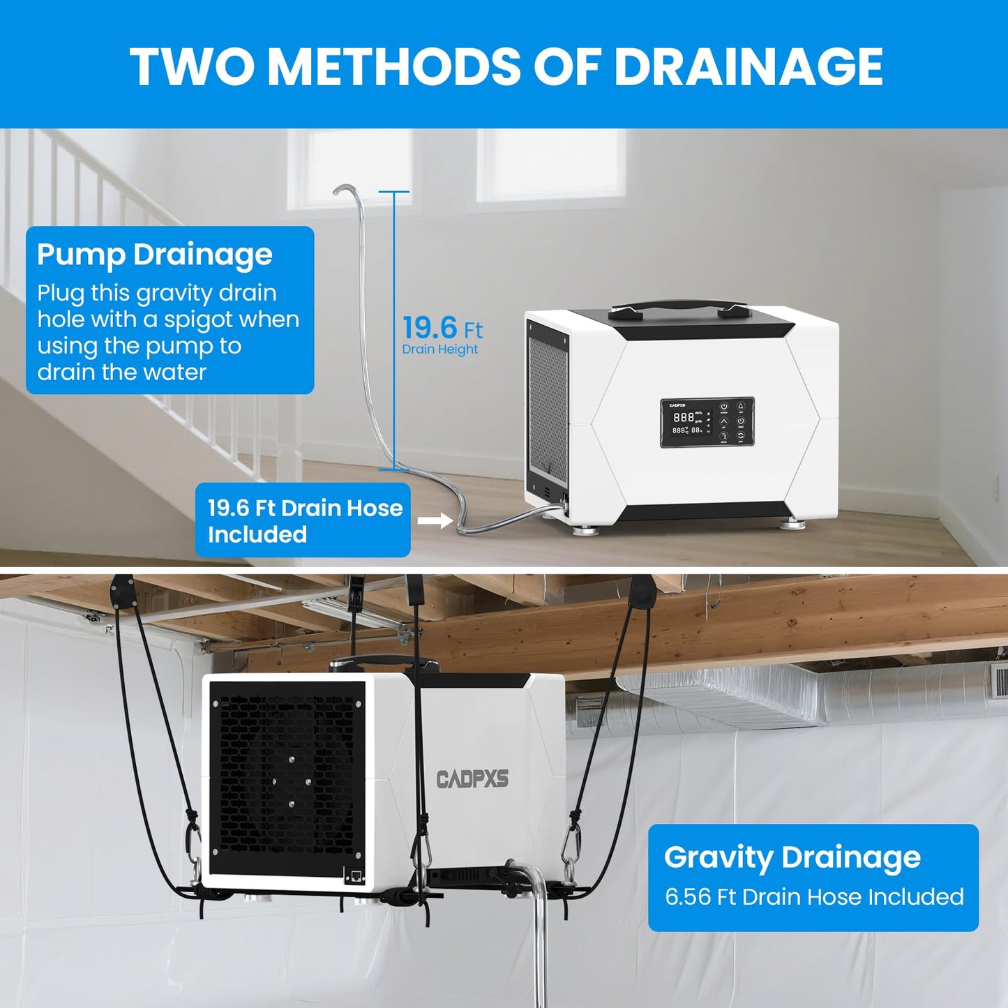 CADPXS Crawl Space Dehumidifier with Pump and Drain Hose, 80 Pint Crawlspace Dehumidifier for Commercial, Basement, Water Damage Use, Memory Start, cETL, Up to 1000 Sq Ft, 5 Years Limited Warranty