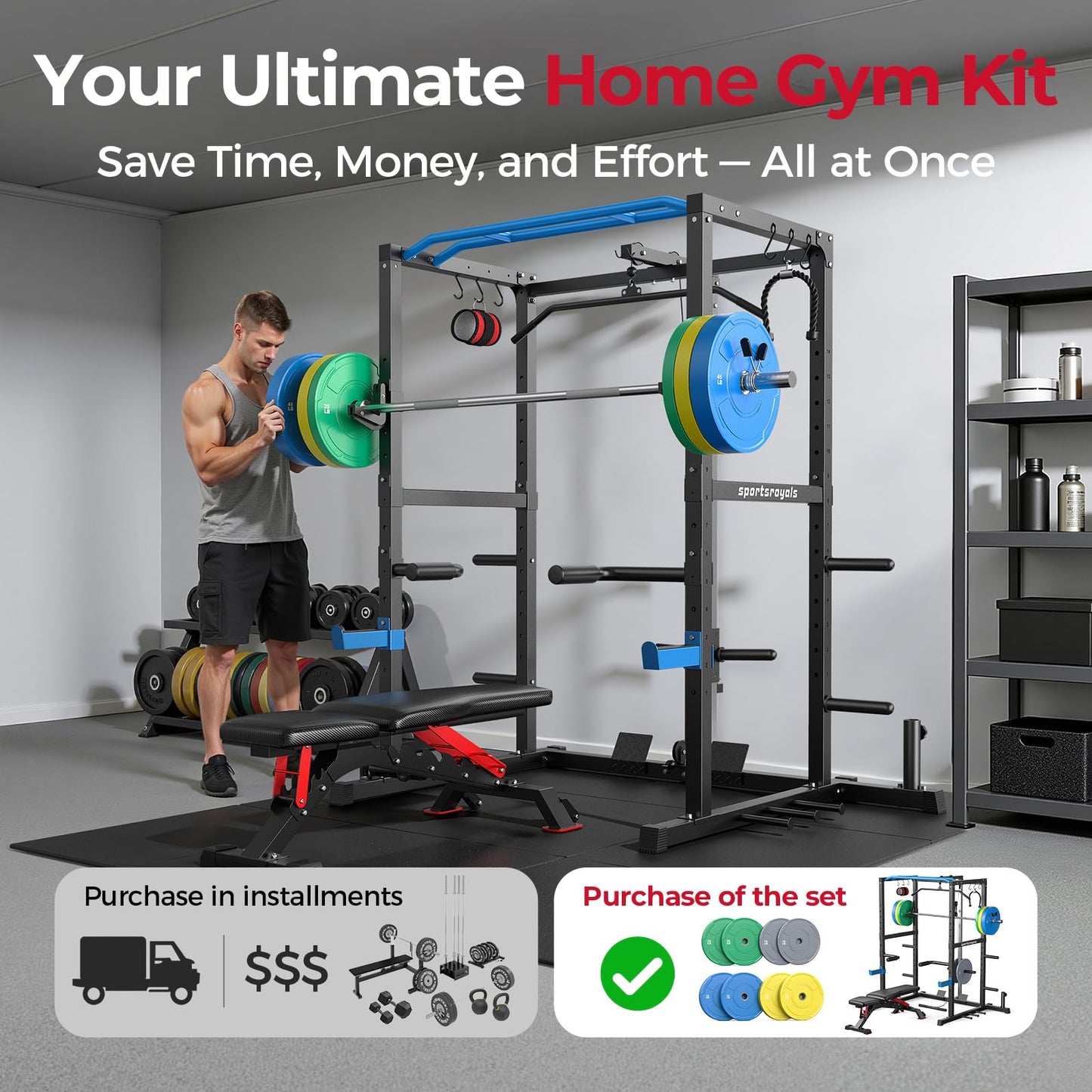 Sportsroyals Squat Rack, LAT Power Cage, Power Rack Multi-Function with Pulley System and Training Attachments for Home Gym