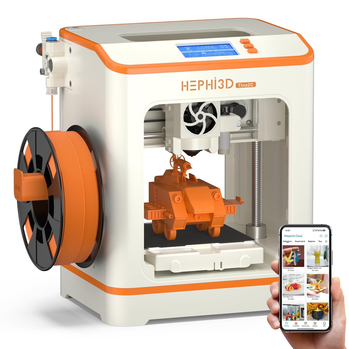HEPHi3D TINA2C 3D Printer with WiFi Cloud Print, Fully Assembled Mini 3D Printer for Beginners and Kids, Auto Leveling, 3000+ Models APP Control 3D Printers Fully Open Source for Home, School, Office