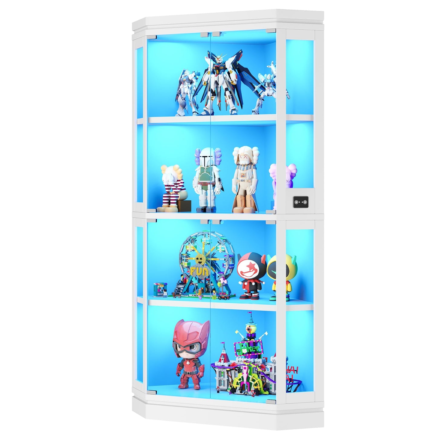 Jocoevol Corner Display Cabinet with 4 Glass Doors, 4-Tier Display Cases with RGB Lights for Collectibles, 67'' Tall Corner Curio Cabinet with Human Body Sensor for Living/Game Room (White)