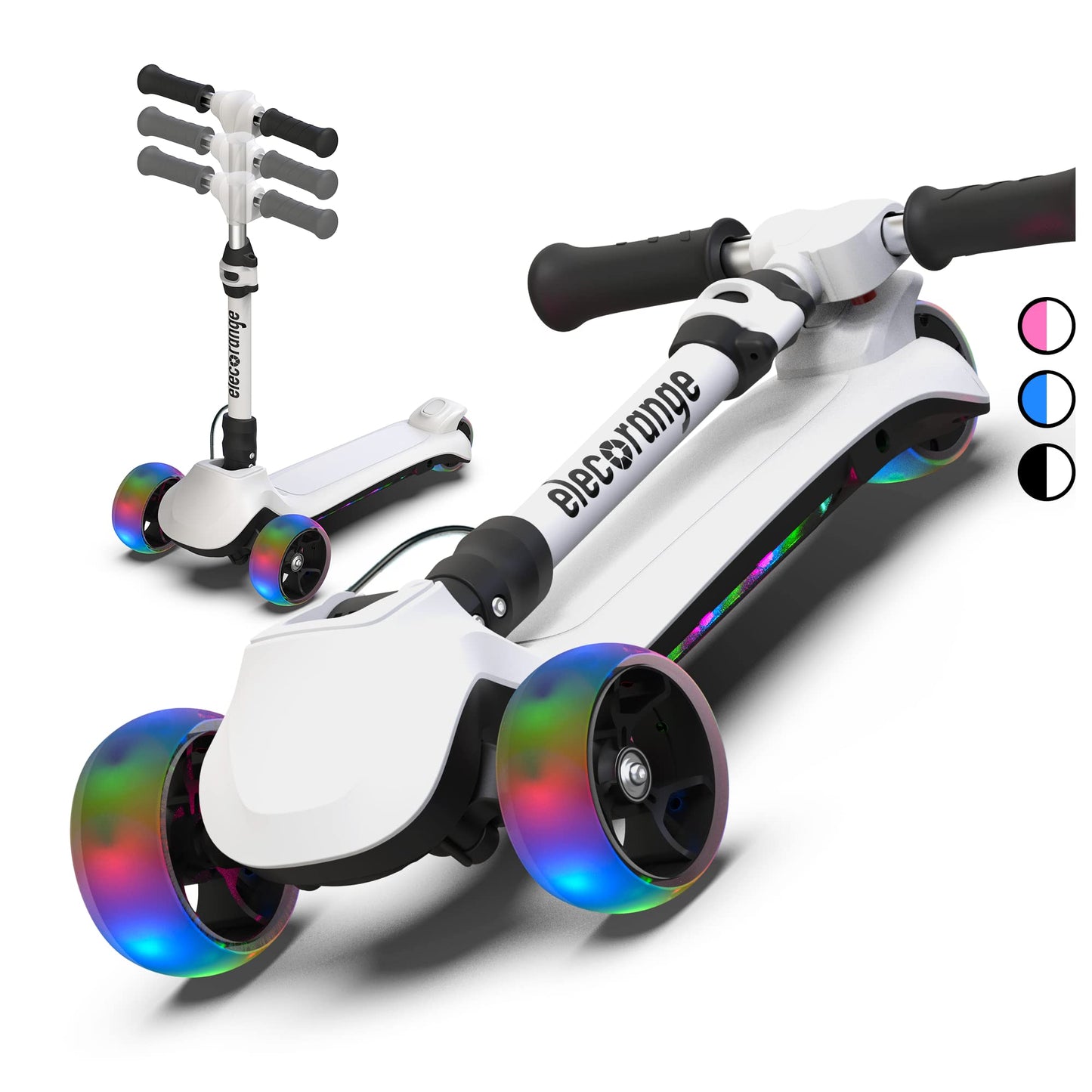 Elecorange 3 Wheel Electric Scooter for Kids, Light Up Deck, Big Flashing Wheels, Thumb Throttle, Adjustable Height, Foldable, 5mph, Lightweight, Kick Scooter, Toddler Electric Scooter Ages 5-8, Black