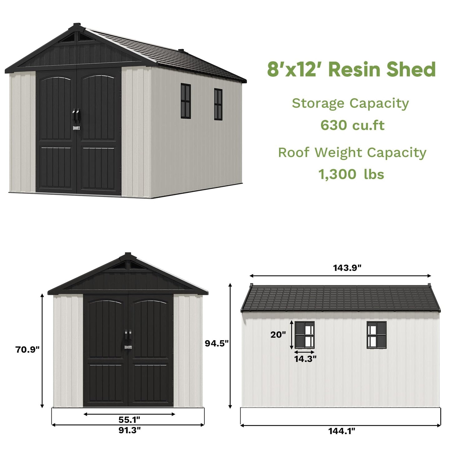 Patiowell 8x12 FT Outdoor Storage Shed, Plastic Shed Resin Garden Shed with Floor & Window & Lockable Door for Patio Furniture, Backyard Tools, Bicycles & Lawnmower, Beige
