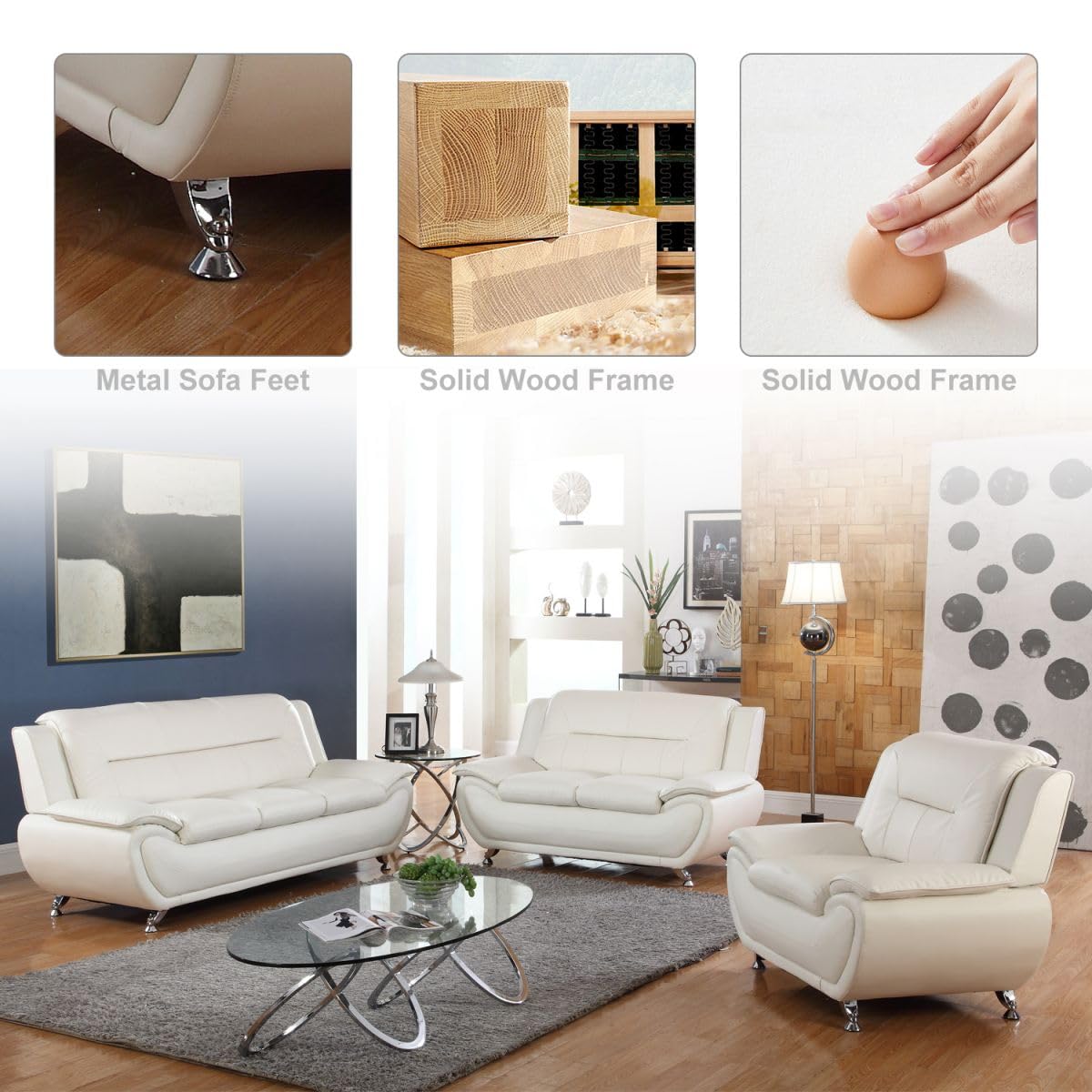 UOCFYK Lounge Comfy Faux Leather Sectional Sofa Modern Couch for Small Living Room/Dorm/Bedroom/Office/Apartment for Small Spaces, (White, Three-Piece)