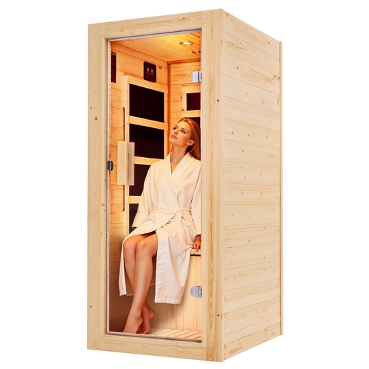 Albott Infrared Sauna 1 Person, Infrared Saunas for Home, 110V Spruce Wood Dry Sauna with Foot Warmer, Easy Assembly – Compact Indoor Spa, 149℉ Heating, LED Light, 27.2"x31.8"x60.2"
