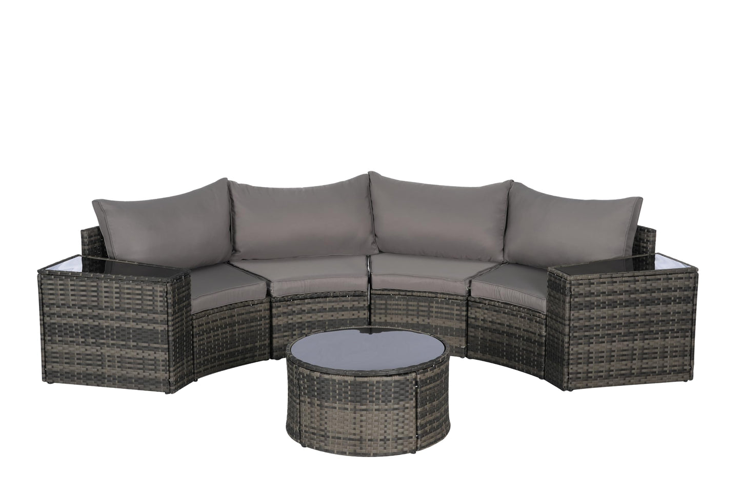KEIKI 7-Piece Half-Moon Outdoor Patio Furniture Set, Rattan Patio Conversation Set with Coffee Table & 2 Sofa Side Table & 4 Curved Armless Sofa, Wicker Curved Sectional Sofa Set, for Backyard, Gray