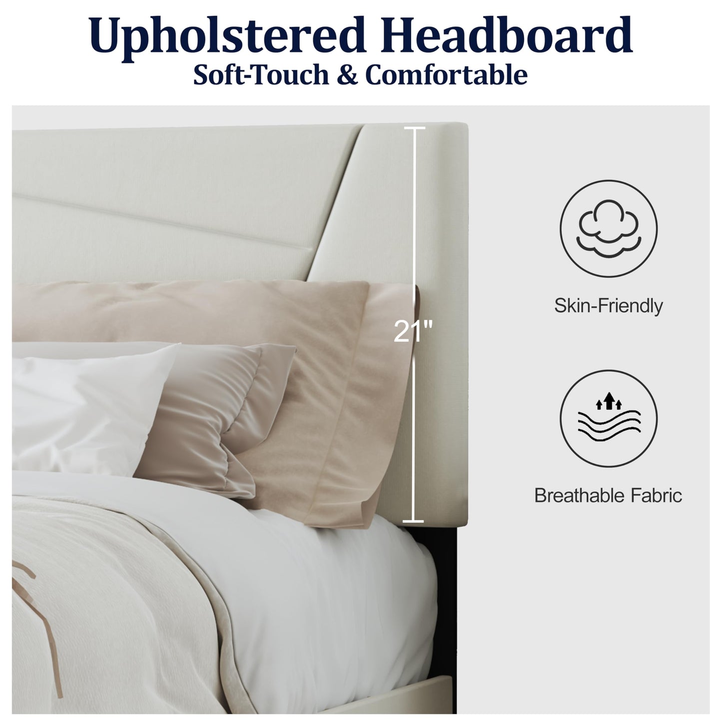 ZZBINUS Queen Size Bed Frame, Queen Size Platform Bed Frame with Headboard, Upholstered Headboard, Sturdy Wooden Slats, Noiseless No Box Spring Required, Easy to Assemble, Beige