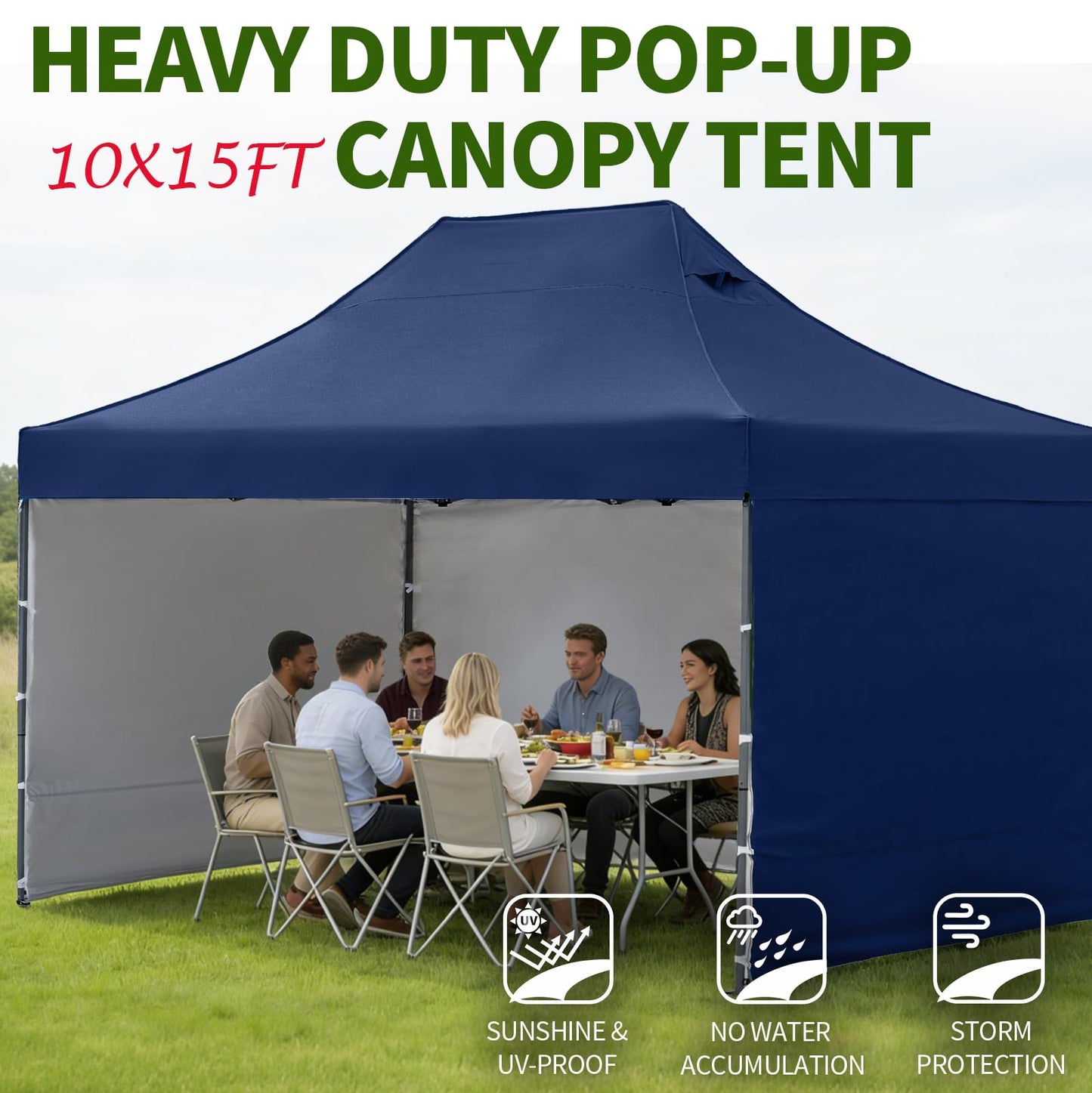 10x15 Heavy Duty Pop Up Canopy Tent, Outdoor Commercial Easy Up Canopy Outdoor Party Tents with 3 Removable sidewalls and Wheeled Bag for Events, Parties, Weddings (Navy Blue)