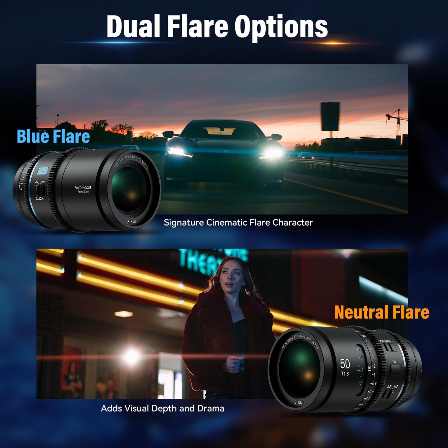 SIRUI Astra 50mm 1.33X Auto Focus Full Frame Anamorphic Cine Lens for L Mount Cameras, Lumix DC Series, FP/FPL, Leica SL Series (Blue Flare)