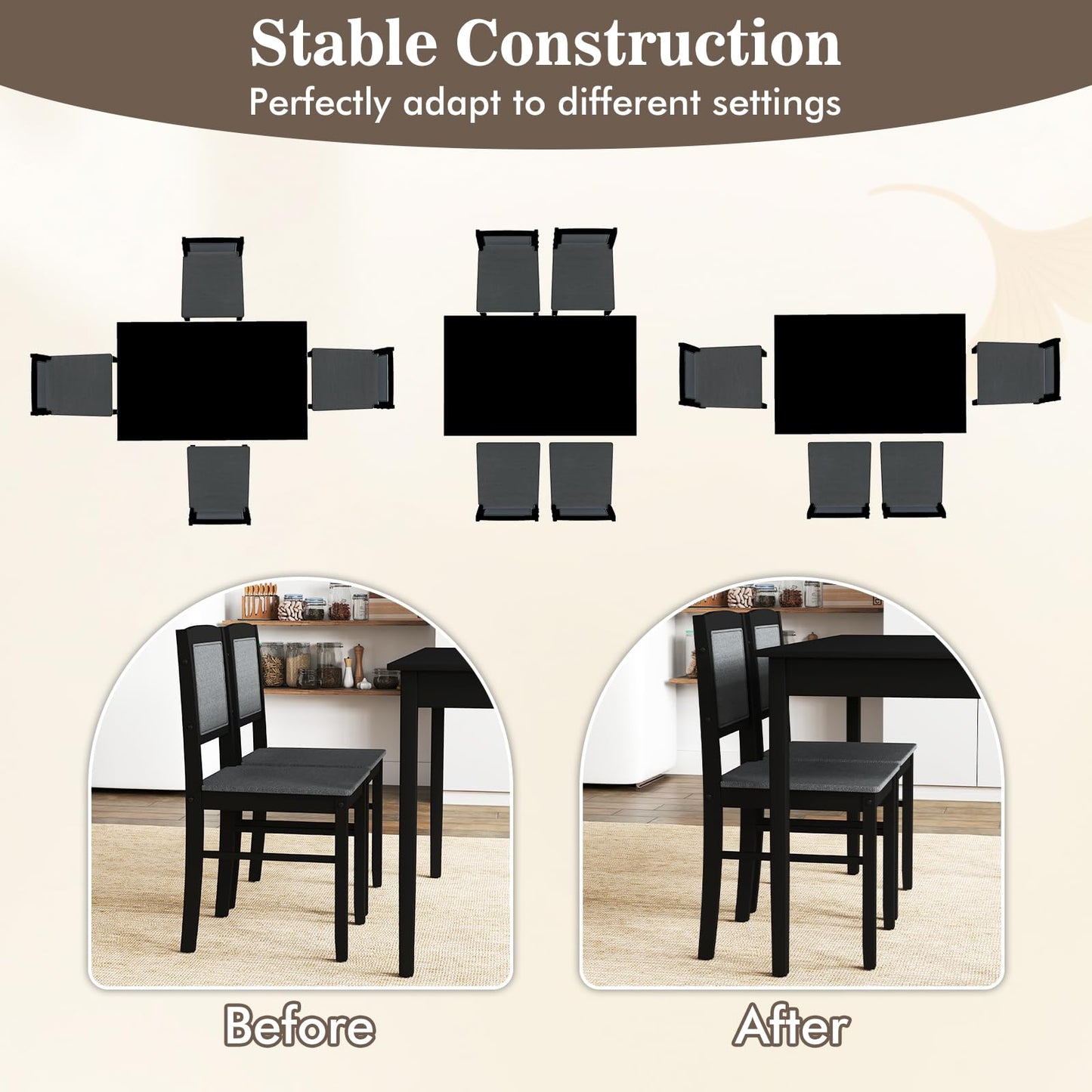 Tangkula Dining Table Set for 4, Farmhouse Solid Wood Dinette Set w/Rubber Wood Legs, Upholstered Seat & Padded Backrest, Mid-Century Modern Dining Table and Chairs Set for Kitchen, Dining Room