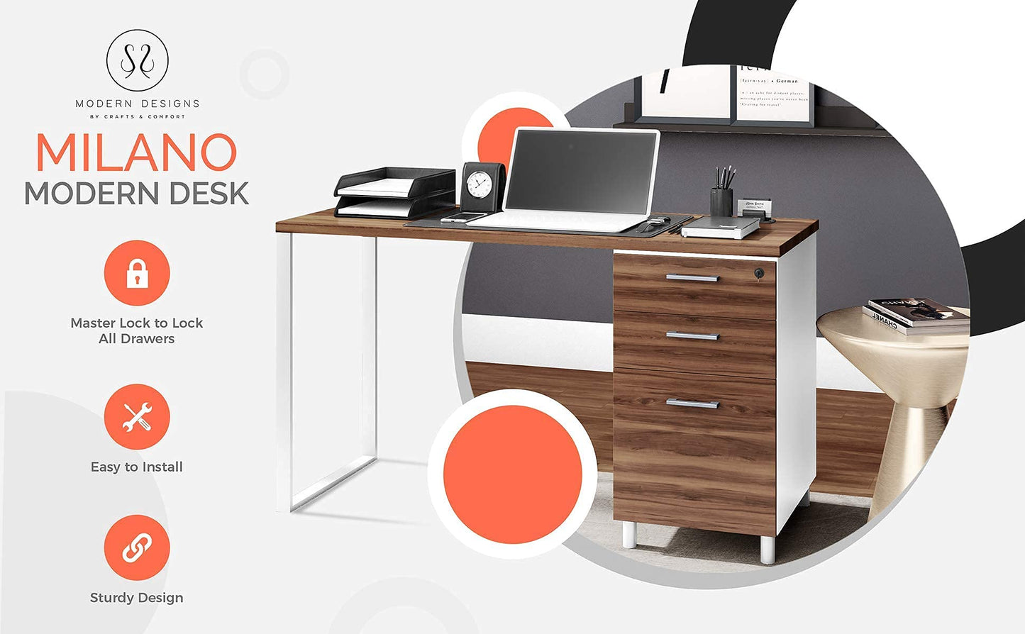 Modern Design Milano Office Desk with 3 Locking Drawers, 48 Inch White and Walnut Industrial Wood Desk with Filing Drawer and Storage, by Crafts and Comfort