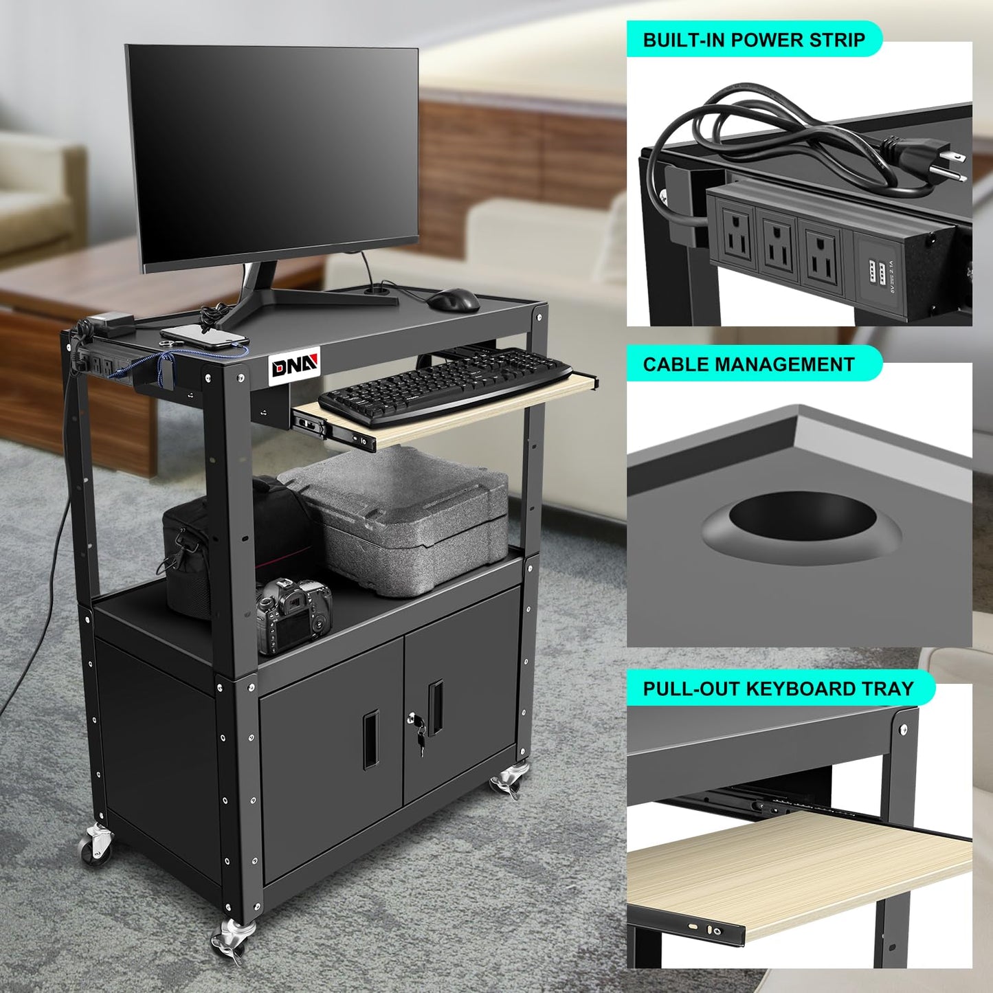 DNA Motoring Steel AV Cart with Extra Storage Cabinet, 30.8" x 18" x 22"-42" Height Adjustable Rolling Projector Utility Cart, TOOLS-00293