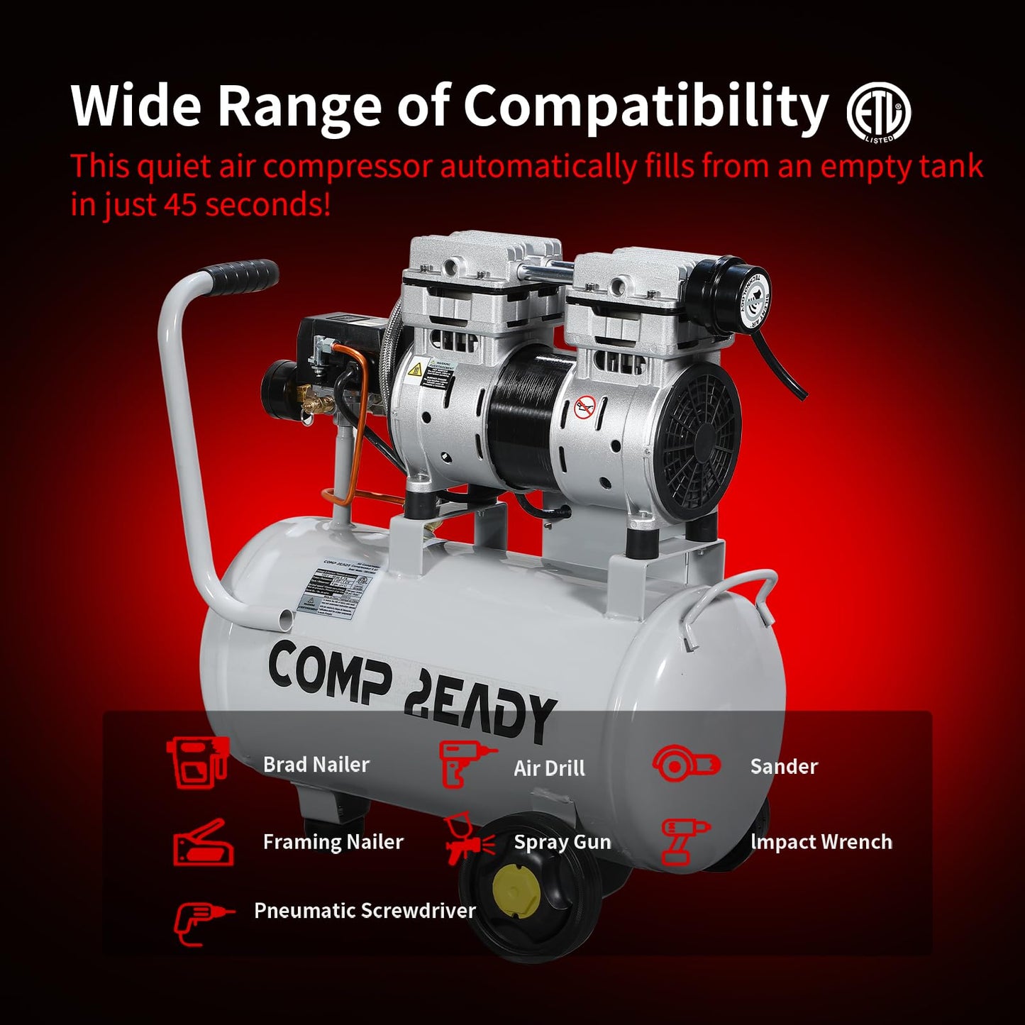 2 Gallon Portable Air Compressor 0.75HP 1.7 CFM@90PSI 60dB Ultra Quiet Oil Free Air Compressor Ideal for Tire Inflation Pneumatic Tool Spray Painting