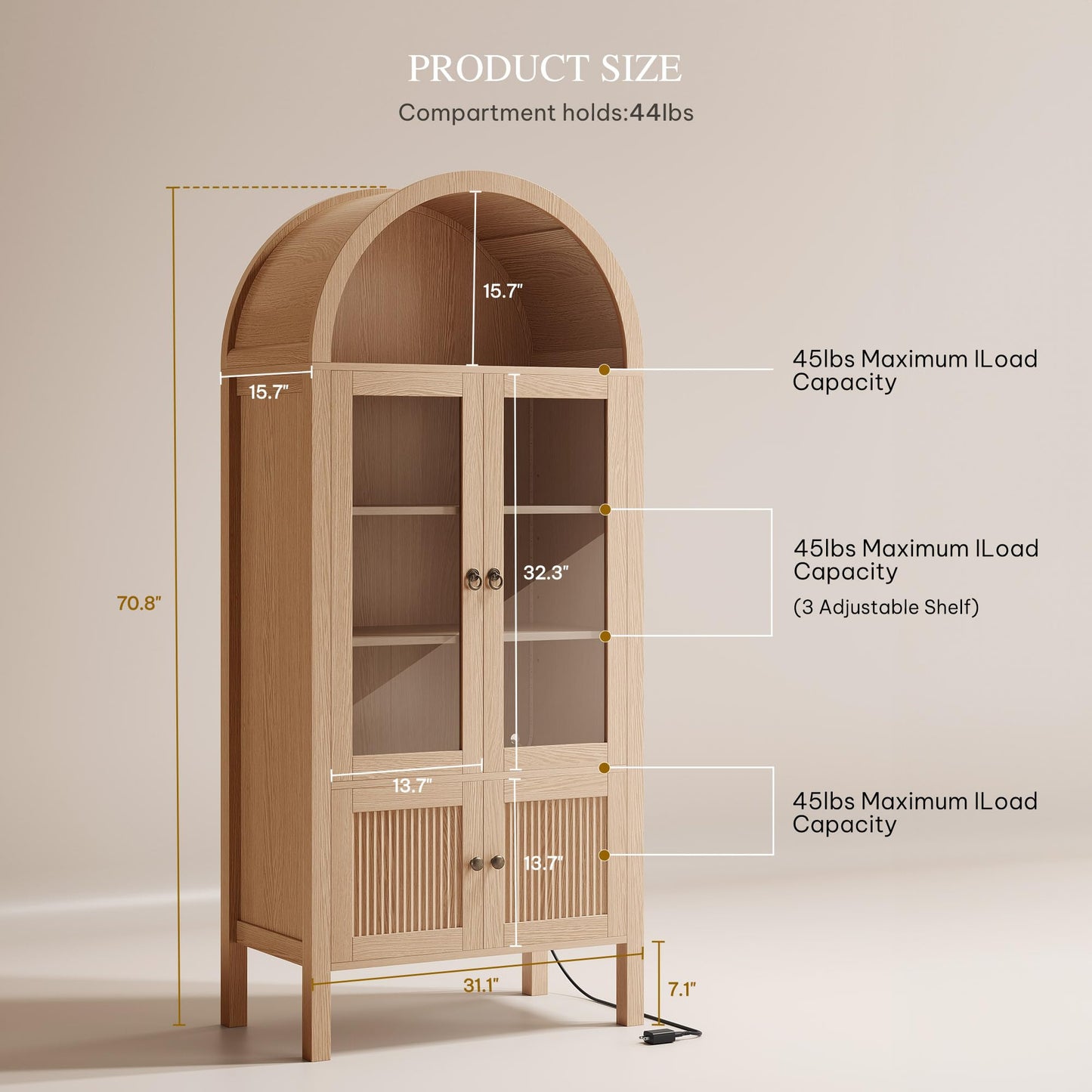 YITAHOME 71" Arched Cabinet Bookshelf Bookcase with LED Light/Wood Display Cabinet with Tempered Glass Doors and Adjustable Shelves/Kitchen Pantry with Storage for Living Room,Dining Room-Nature