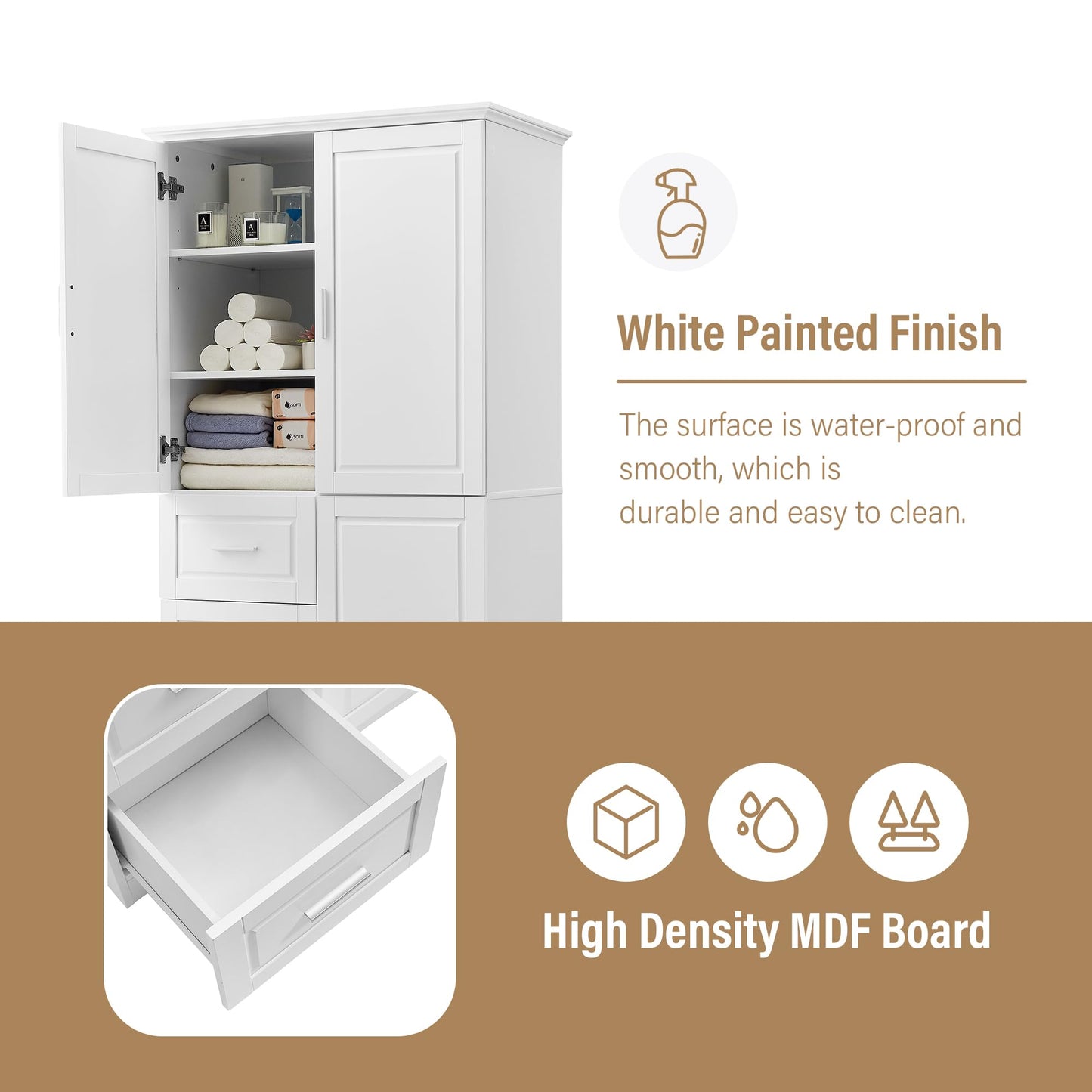 Merax 62.2" Pantry Cabinet with Three Doors & Three Drawers, Adjustable Shelves Storage Cupboard for Kitchen/Dining Room/Bathroom, White