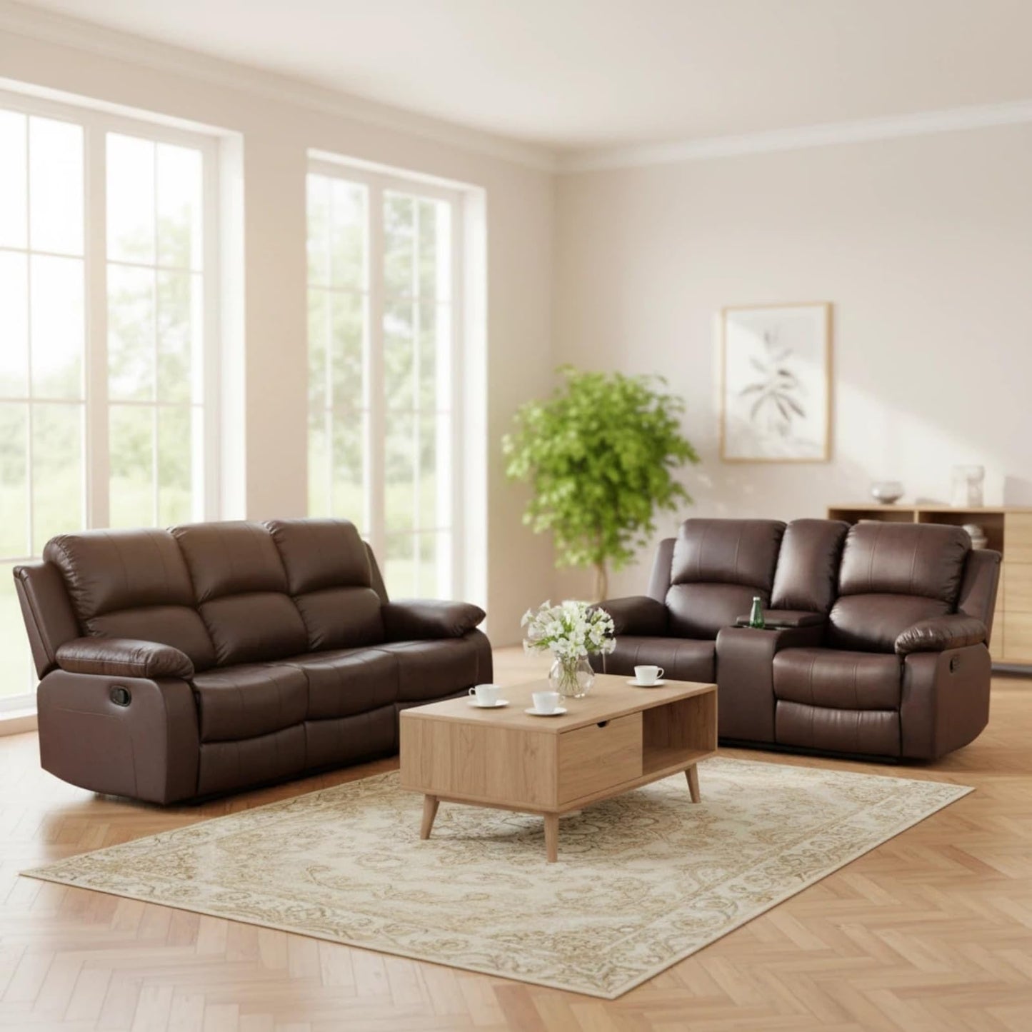 Trygoal Manual Recliner Sofa Set, Leather Reclining Living Room Furniture Set, Adjustable Backrest Reclining Loveseat Sofa and a 3 Seater Couch Furniture Set for Living Room, Home Theater, Brown