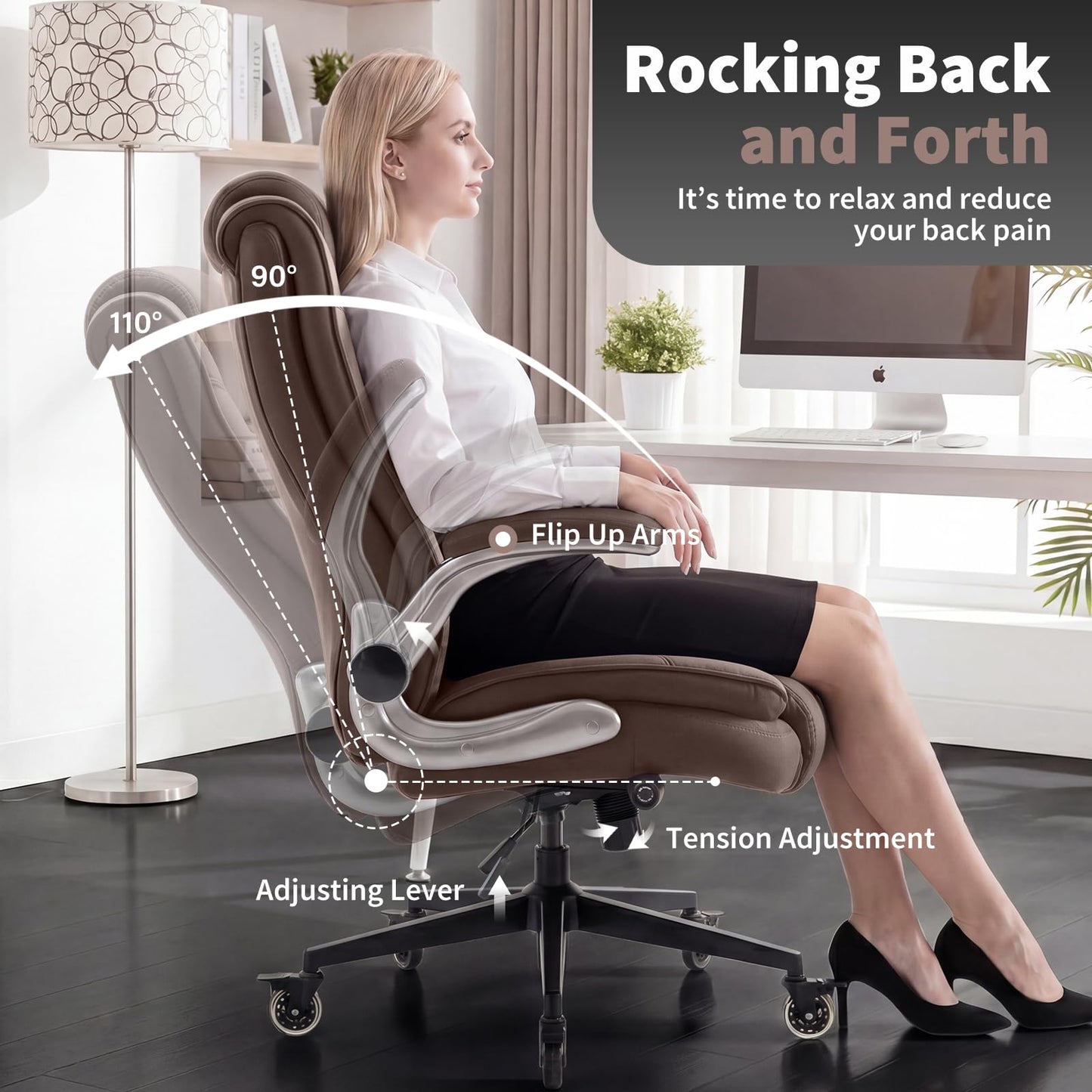 Fabric High Back Office Chair with Lockable Quiet Casters, Thick Padded Ergonomic Computer Chair- Adjustable Lumbar Support & Flip-Up Arms, Wide Executive Desk Chair for Back Pain, 400LBS Capacity
