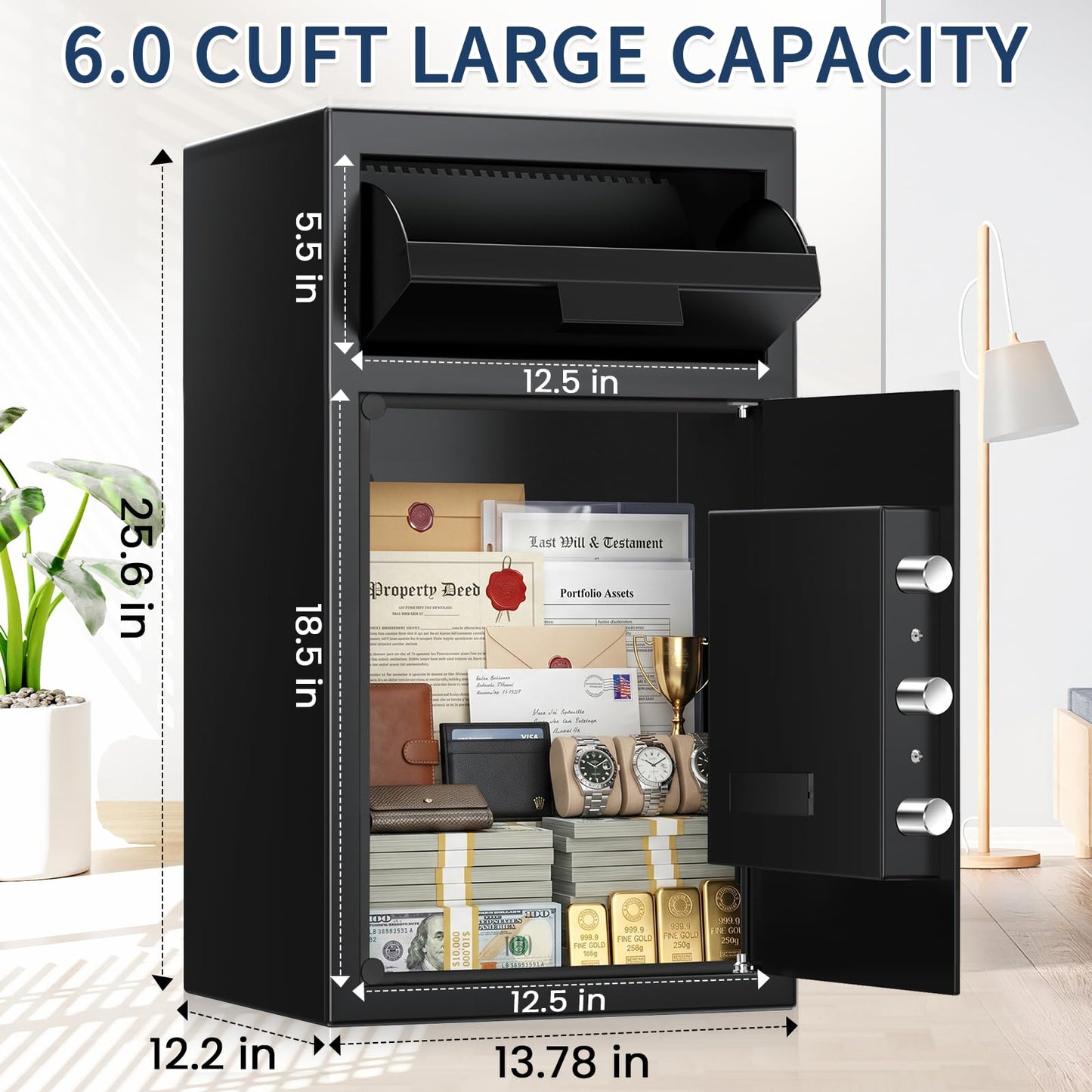 6.0 Cuft Extra Large Biometric Drop Safe for Business, Anti-Theft Fingerprint Safe Box with Quick Place Drop Slot, Digital Keypad and Spare Key, Depository Safe for Home Office Store Mail Church