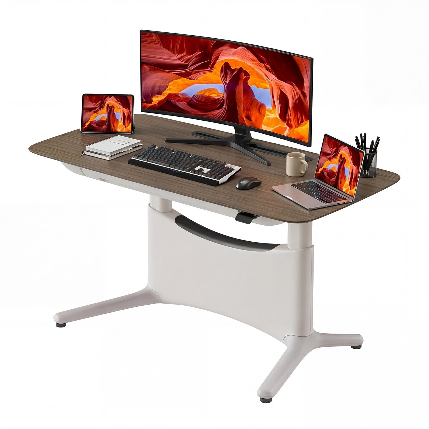 COLAMY Electric Standing Desk 55x28, Desktop Wobble-Free Dual Motor Sit Stand Up Desk with Drawers, Outlets & Footrest, Adjustable Height Computer Table for Home Office Workstation, Walnut,White