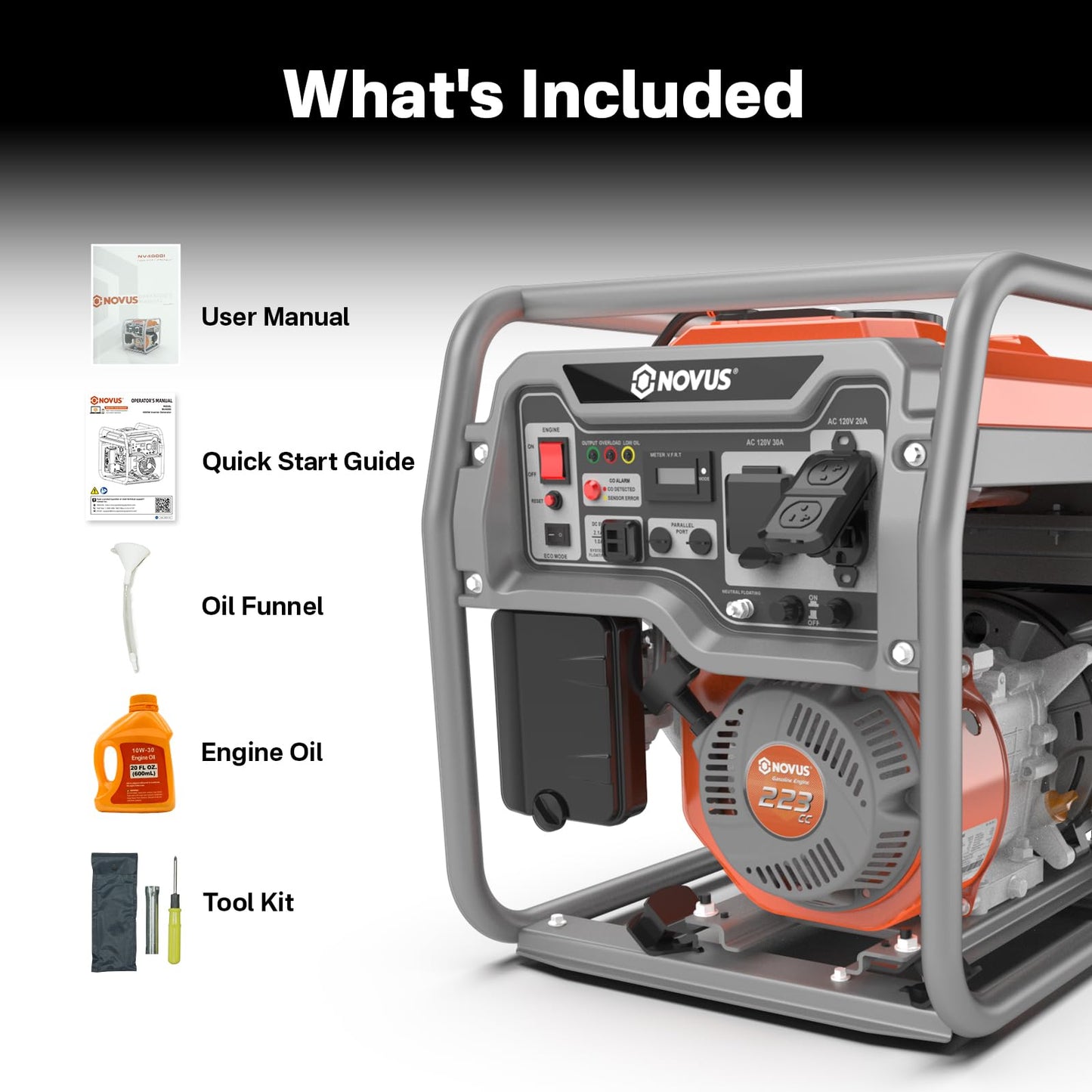 NOVUS Real 4000W Inverter Generator, Reliable 223cc Engine Gas Generator, Lightweight Outdoor Generator for Camping, Home and RV, with EPA Compliant, Eco Model Feature, GFCI Outlets and CO Sensor