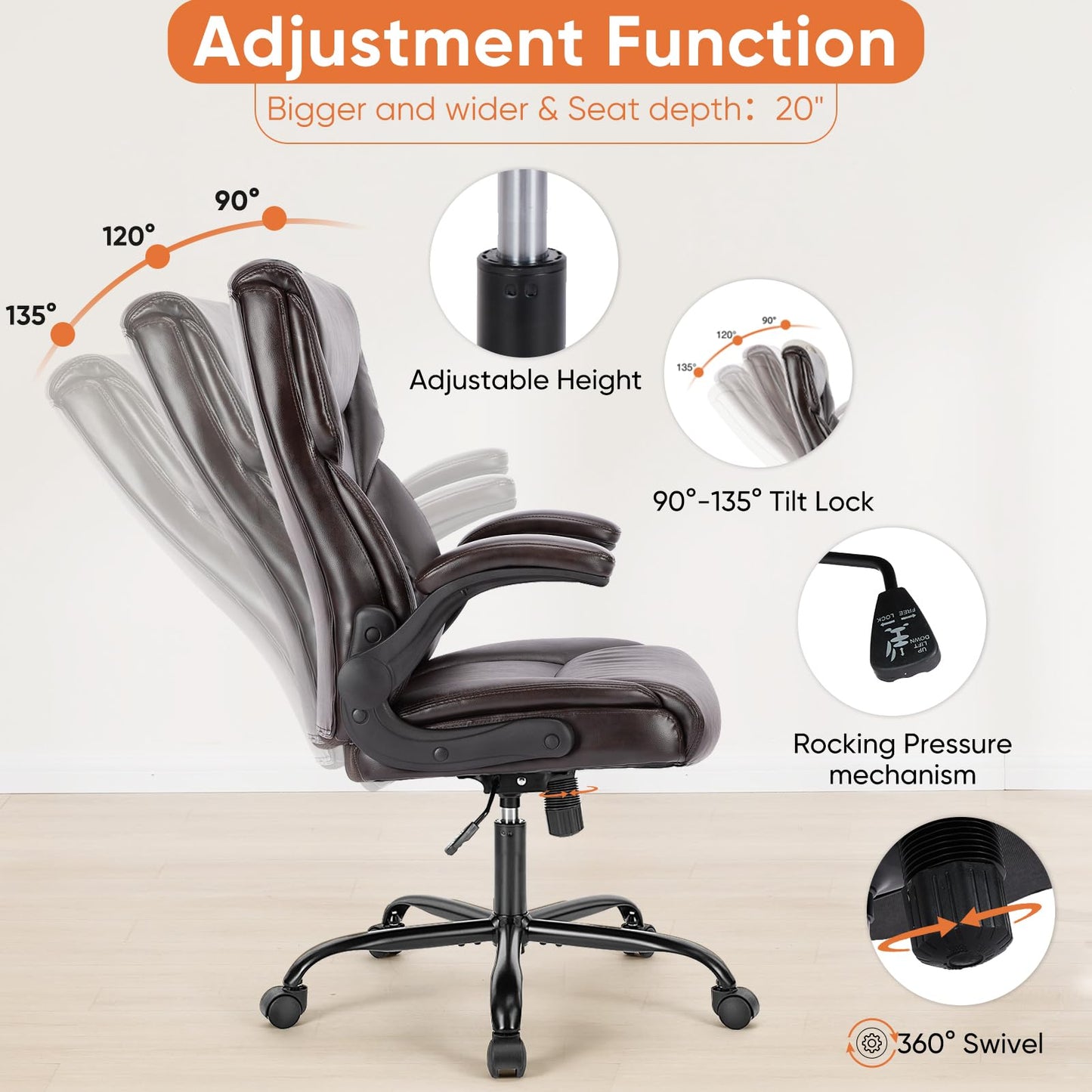 Sweetcrispy Ergonomic Computer Gaming Office Chair Set of 2, Heavy Duty Task Desk Swivel Rolling Chairs with Wheels, Flip-up Arms, Adjustable Height, PU Leather,Dark Brown