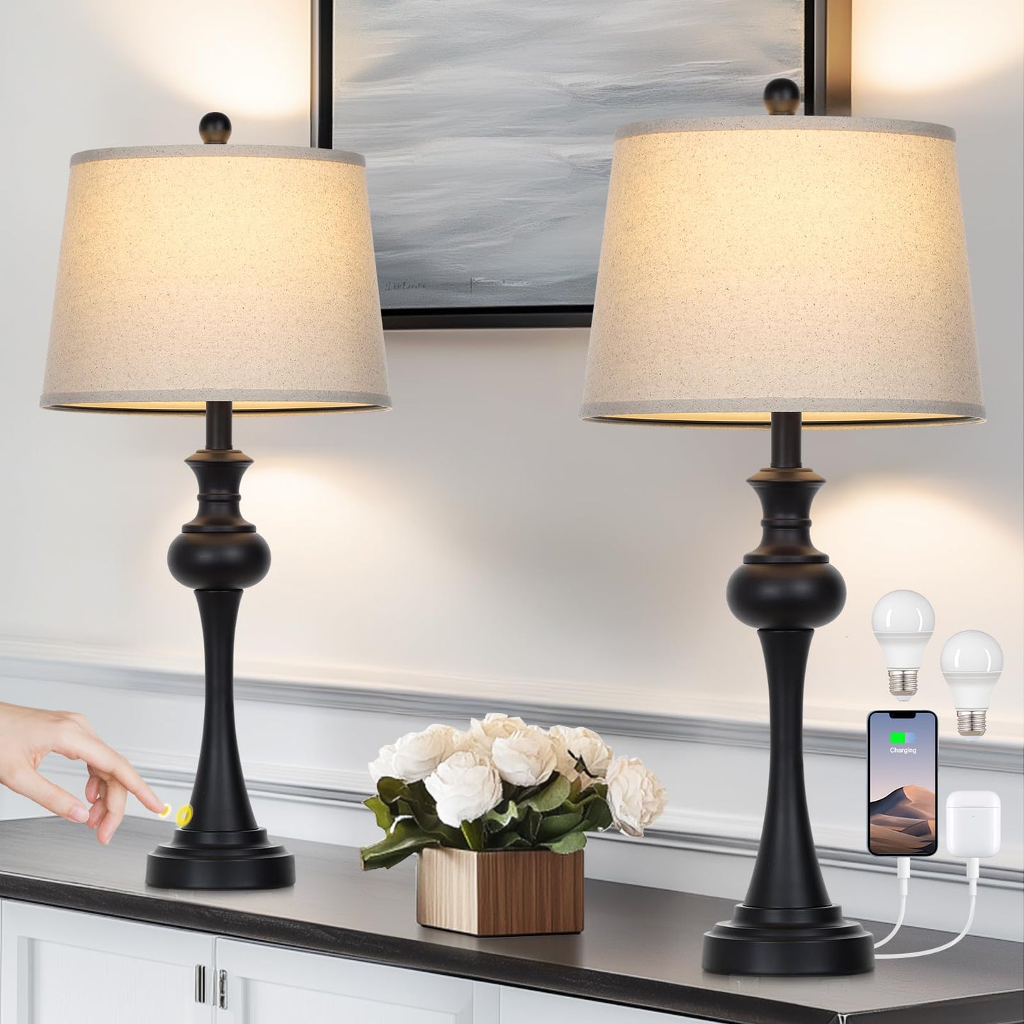 CINSARY Modern 3-Way Dimmable Table Lamp Set of 2, Black Metal with Beige Fabric Shade, USB A+C Ports, Model TD-CS-556