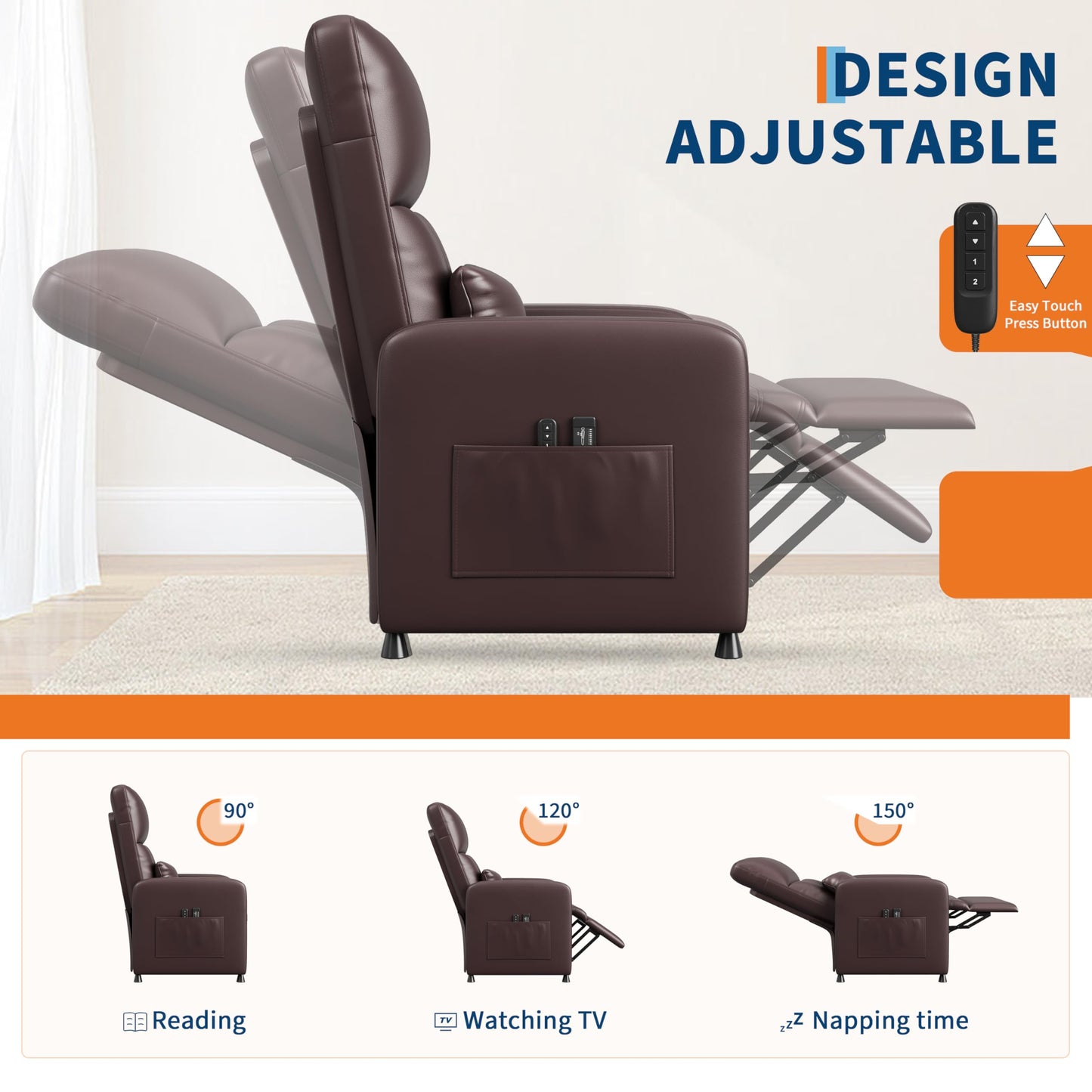 Power Recliner Chair with Heat & Massage, Adjustable Electric PU Leather Single Sofa, Ergonomic Tall-Back Padded Seat, Home Theater Seating Recliner for Living Room
