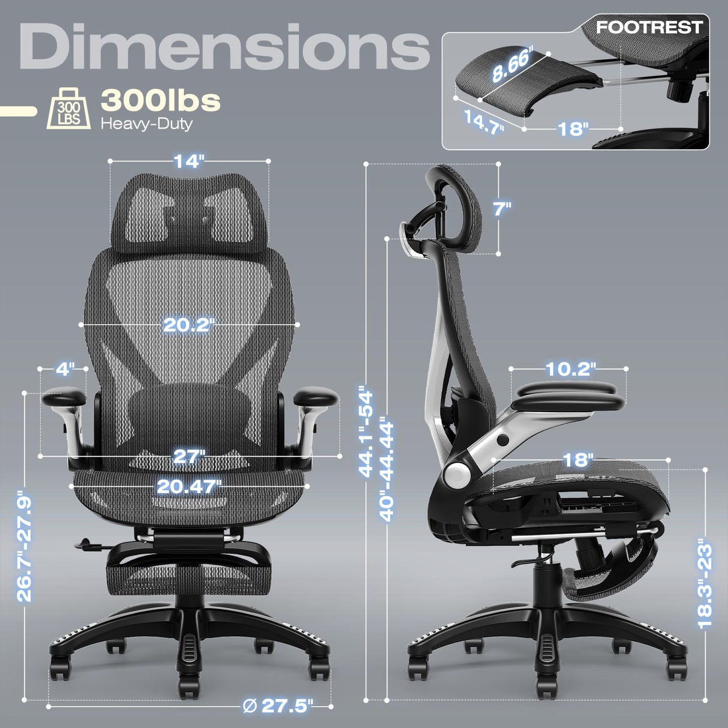ELABEST X100 Ergonomic Mesh Office Chair with Footrest, Big and Tall Hone Desk Chair with 5D Flip-Up Arms, Adjustable 3D Lumbar Support,Gaming & Executive Computer Chairs