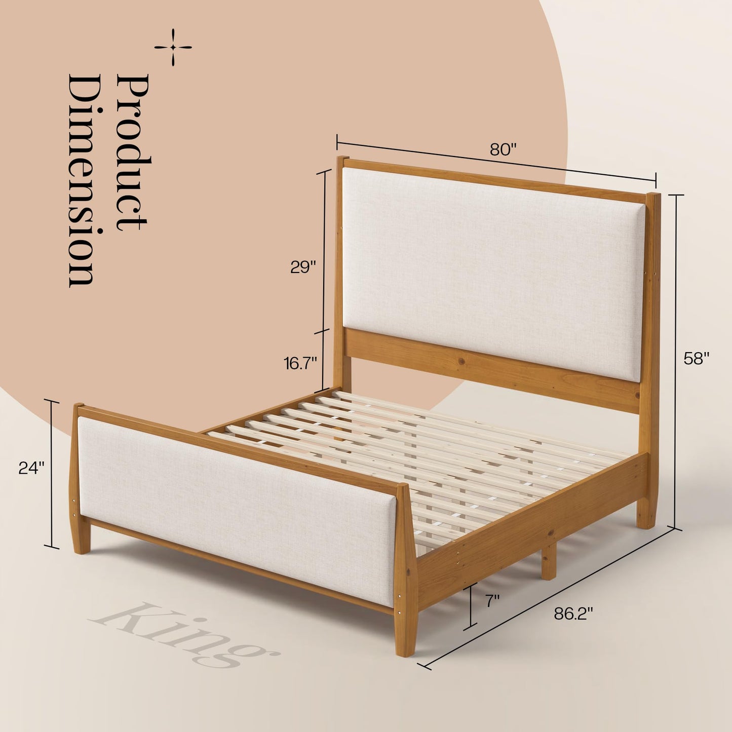 Jocisland 58" Tall Solid Wood King Size Bed Frame with Upholstered Headboard & Footboard, Wooden Platform Bedframe, No Box Spring Needed, Easy Assembly, Modern Farmhouse Style, Walnut